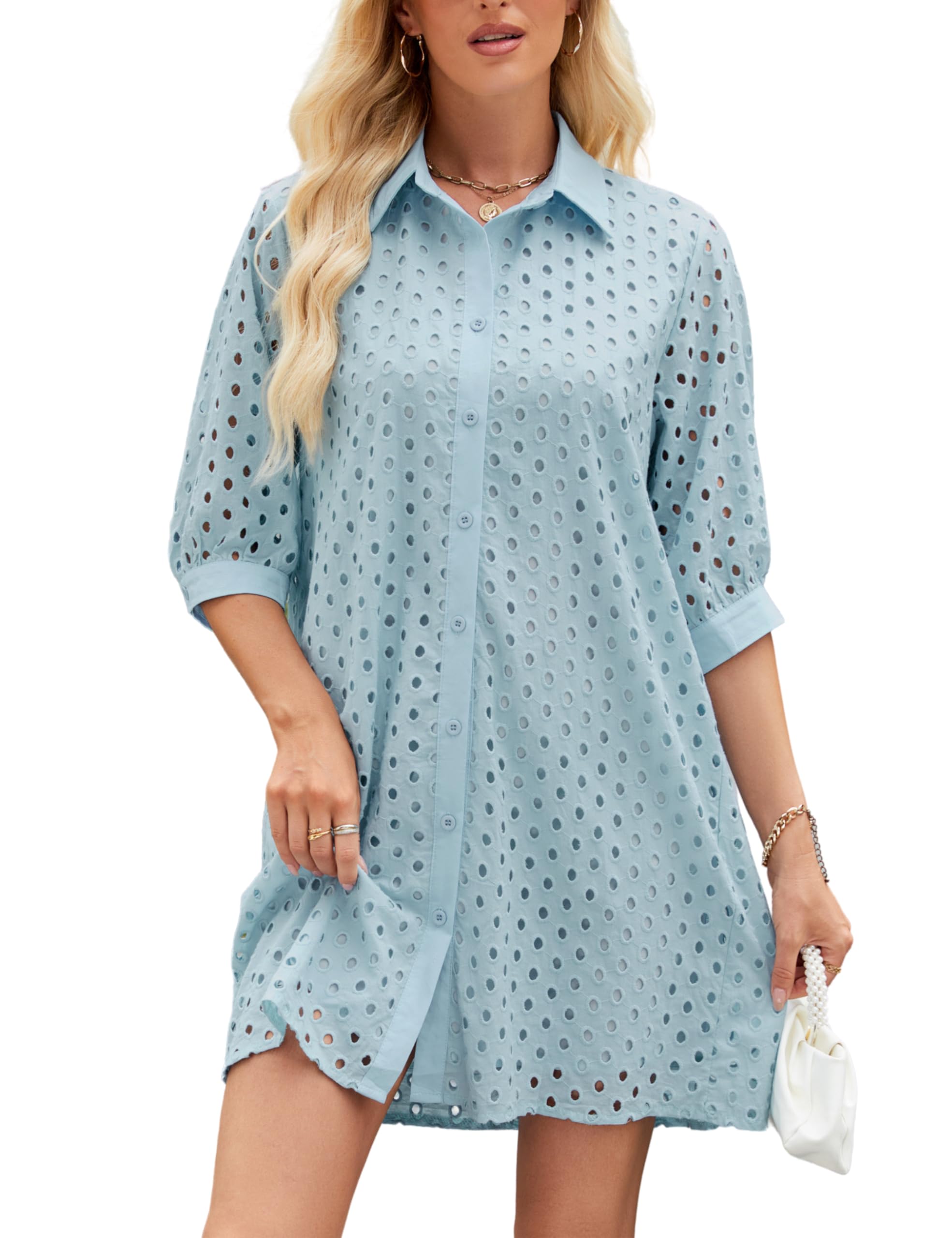 AMEBELLE Womens Summer Dress Eyelet Hollow Out Short Dresses with 3/4 Sleeves Button Down Casual Dress