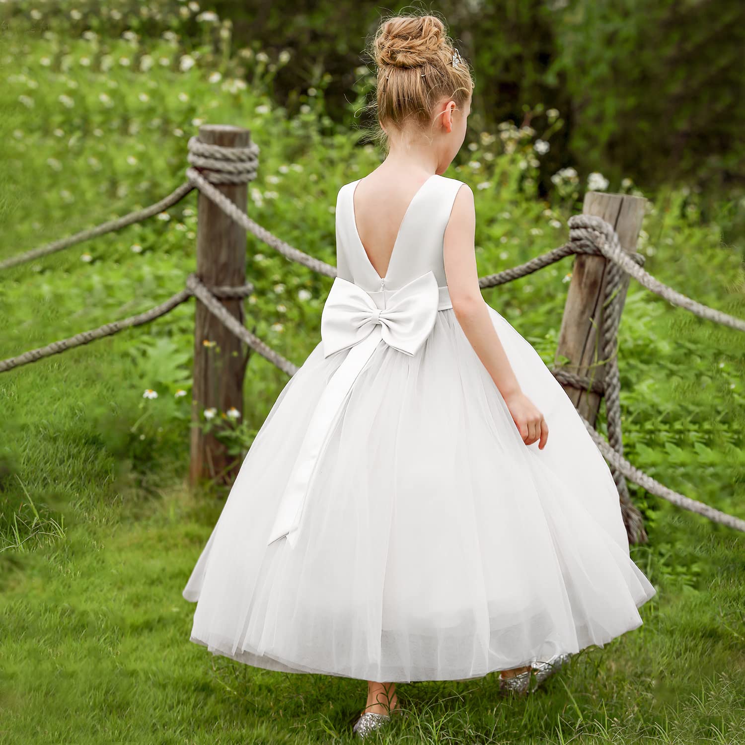 Aibaowedding Abito da ragazza di fiore in raso di tulle principessa corteo fiore ragazza vestito per il matrimonio bambini abiti da ballo con fiocco