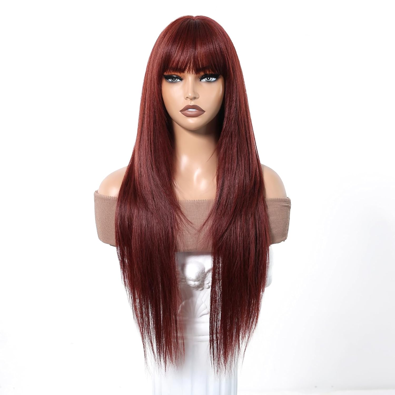 Reddish Brown Synthetic Wig with Bangs Auburn Glueless Long Straight Layered Wigs for Women 28 Inch