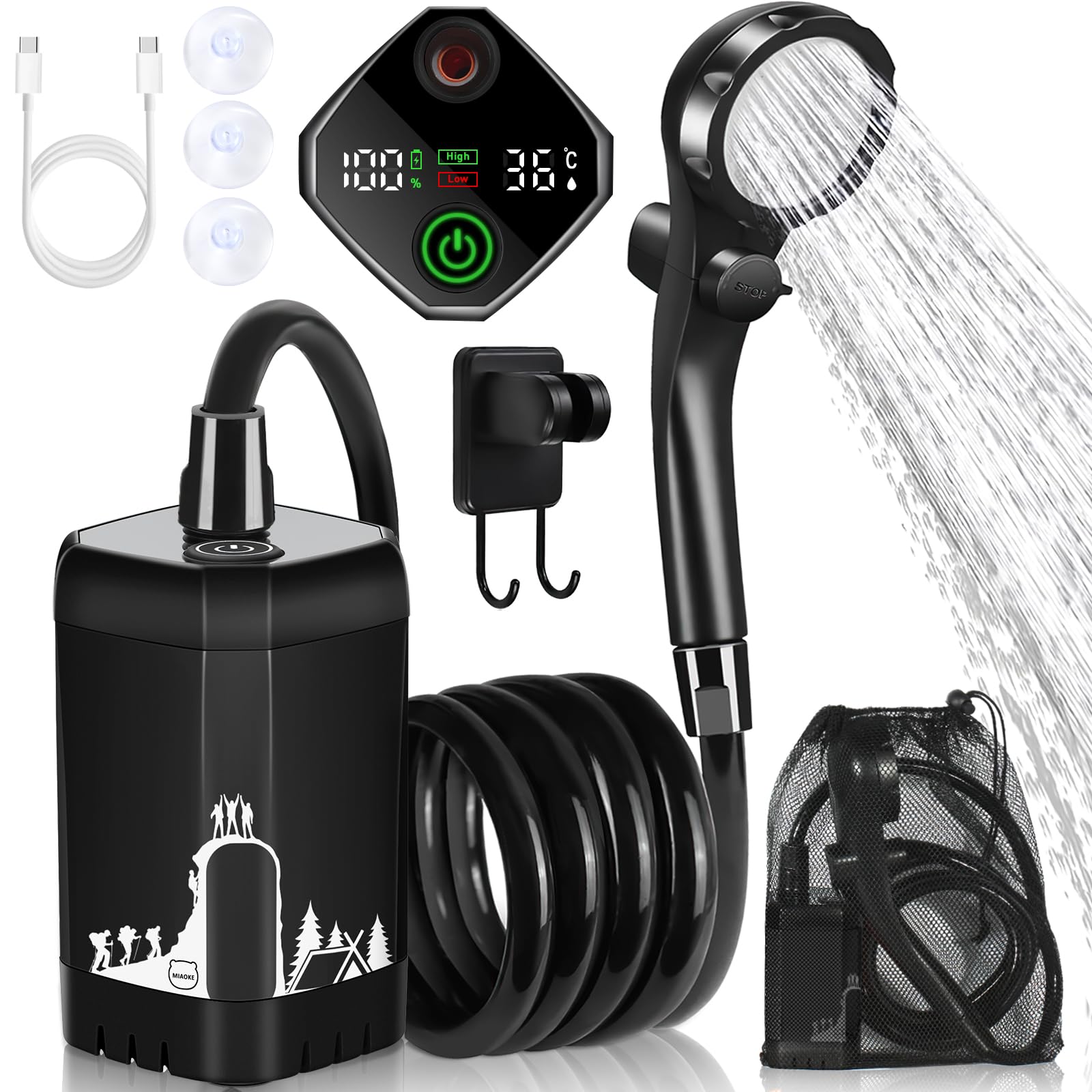 MIAOKE Upgrade Portable Camping Shower, 7800mAh Outdoor Electric Shower Rechargeable Pump with Intelligent Digital Display Temperature Display Shower Head for Camping, Hiking, Traveling/Black — image 1