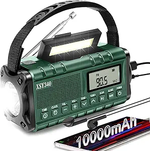 Auto NOAA Emergency Weather Radio, 10000mAh Solar Hand Crank Radio,Portable Battery Radio Operated LCD Display with AM FM,Cellphone Charger,LED Flashlight,Clock, SOS Alert for Home Outdoors