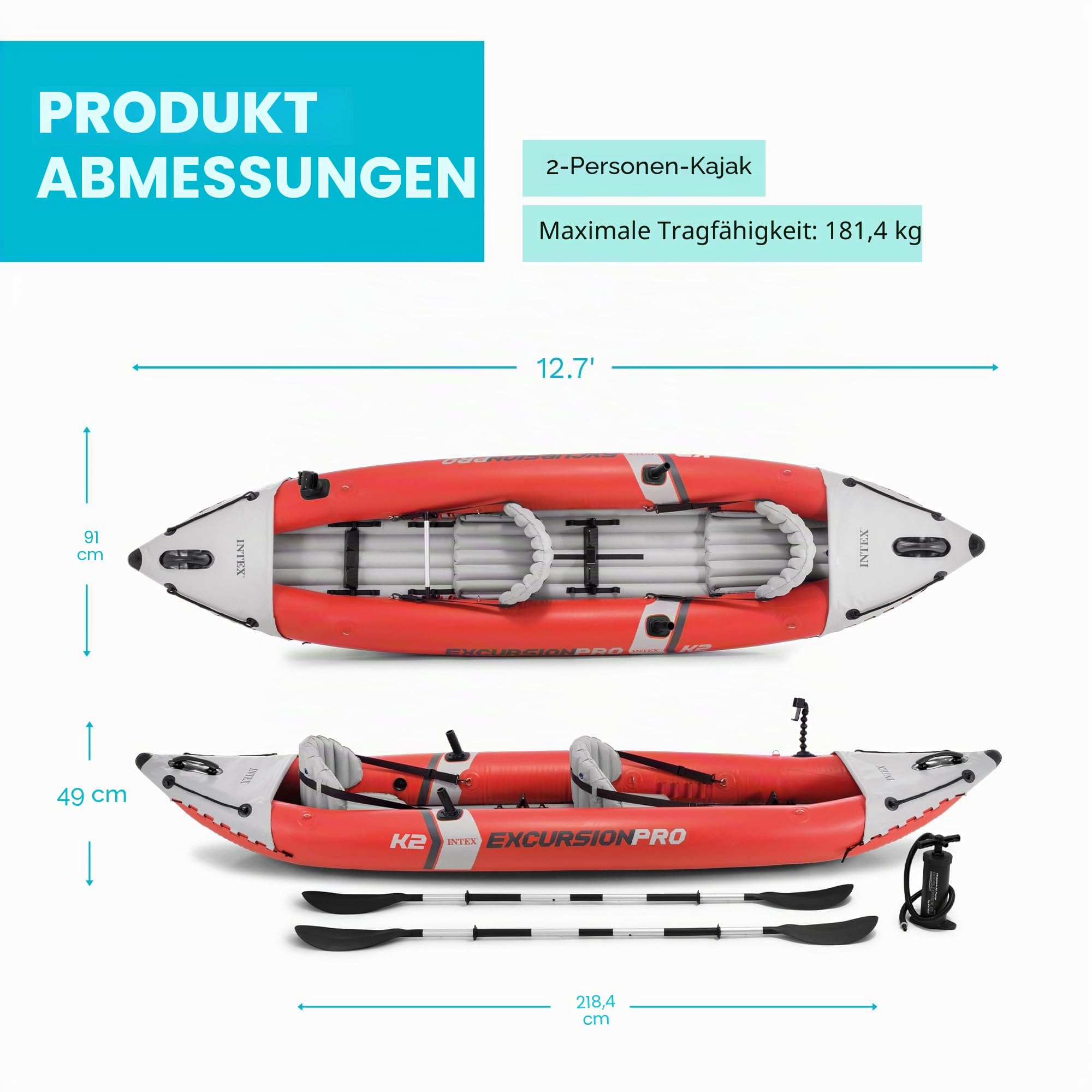 INTEX Excursion Pro Aufblasbare Kajak-Serie - inklusive Deluxe 218.4 cm Kajakpaddel und Hochleistungspumpe - SuperTough PVC - Verstellbarer Schalensitz - Angelrutenhalter - Haltegriffe