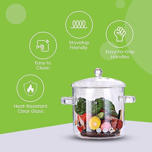 Miniatura 5 de Olla de cocina de vidrio - Cacerola de vidrio de 2L67 oz con tapa - Olla y sartén de vidrio transparente resistente al calor con tapa para fideos de