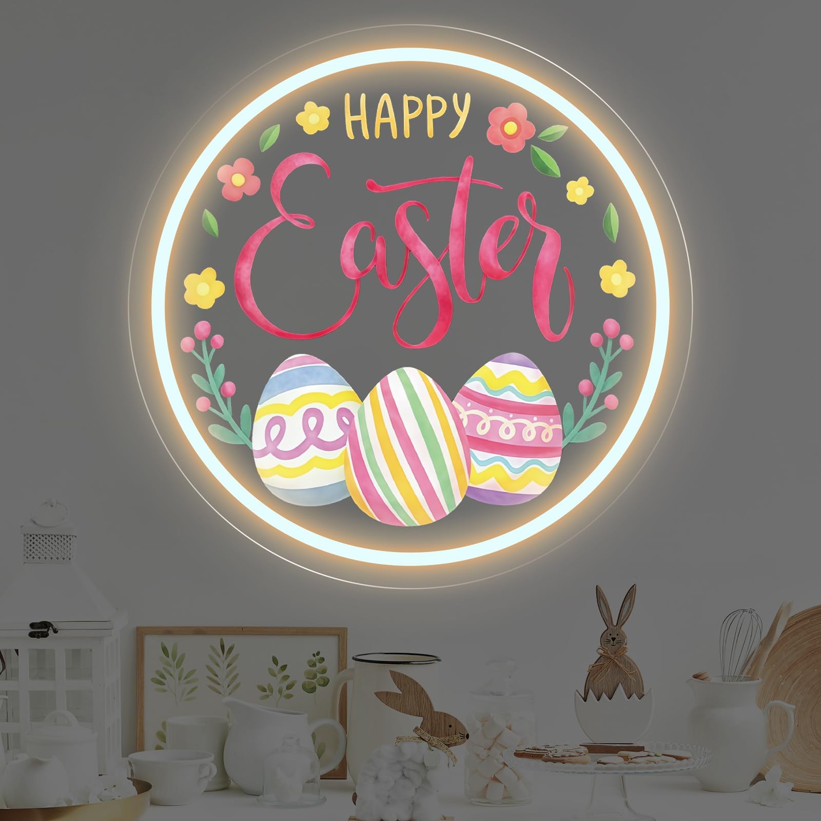 Neonowy znak Happy Easter, ciepłe białe jajko i kwiatowy nadruk UV lampa ścienna LED na Wielkanoc, do salonu, na imprezę, do pokoju dziecięcego, dekoracja świąteczna