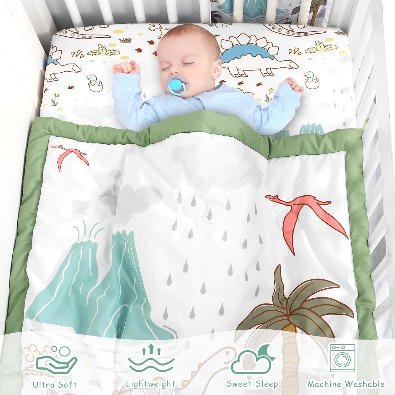 SWESEN Dinosaur Crib Bedding Set 4-Piece for Boys, Crib Set Includes Quilt, Fitted Sheet, Skirt, Diaper Stacker,Ultra-Soft Nursery Bedding Set-Fits Standard 52x28 inch Crib mattresses