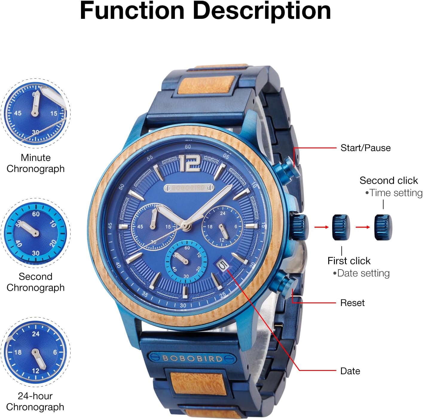 BOBO BIRD GT187 Series | Men's Wooden Chronograph Watch | Japanese Quartz Movement | Stainless Steel and Wood | 44mm Case | Hidden Clasp