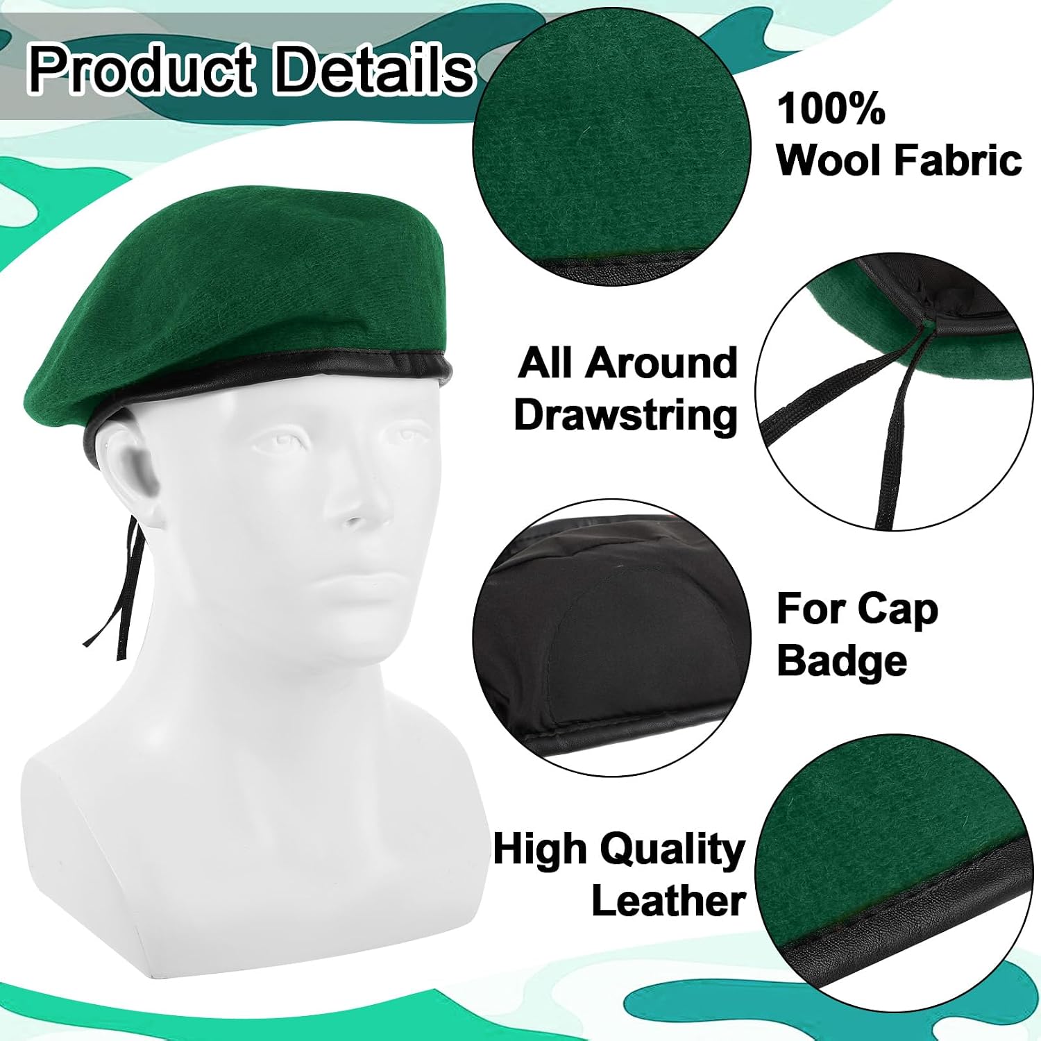 Zhehao 2 Pcs Military Beret for Army Style Men Berets Hat Adjustable Wool Vintage Hats with Leather Trim for Men Women