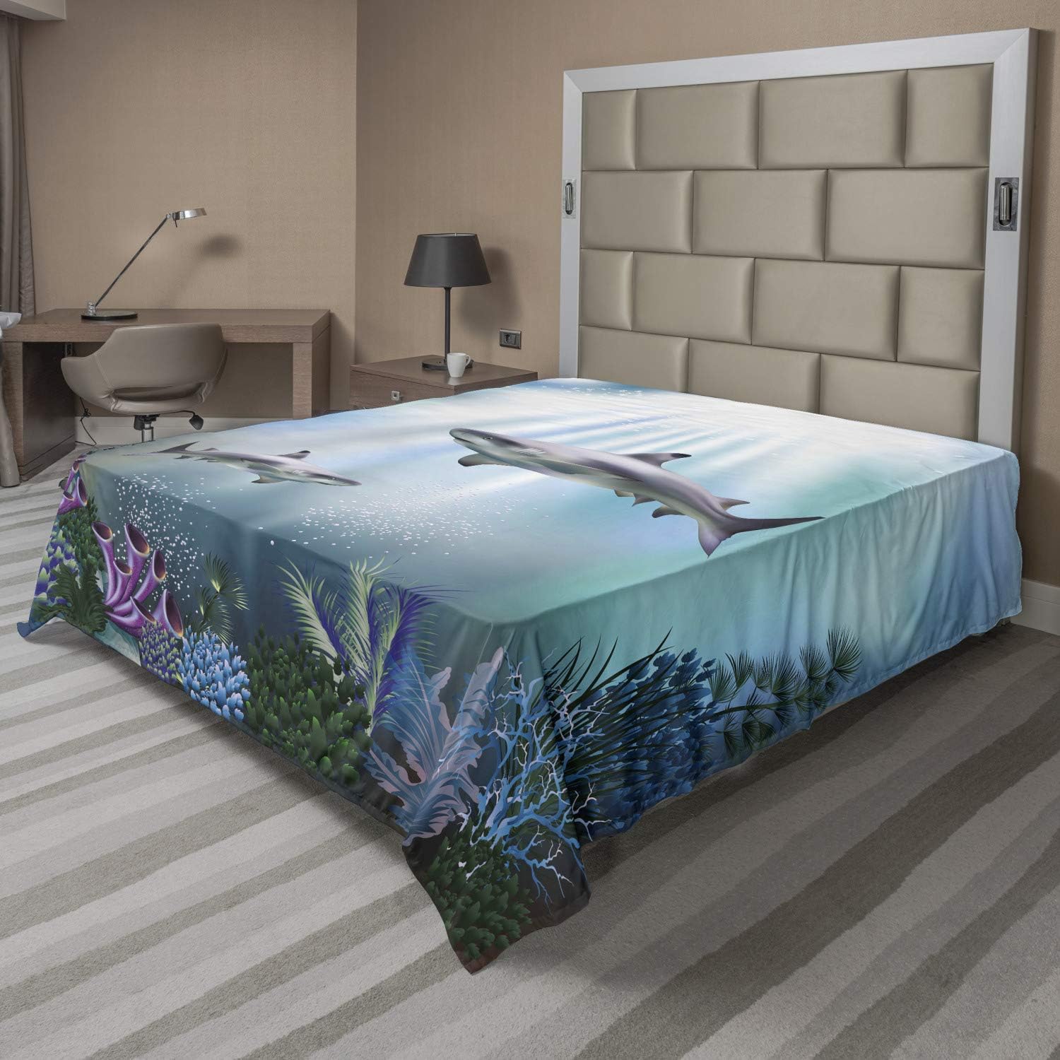Ambesonne Underwater Flat Sheet, Realistic Illustration Wild Sharks and Plants Corals Seaweed Aquatic Ocean Life, Soft Comfortable Top Sheet Decorative Bedding 1 Piece, Queen Size, Purple