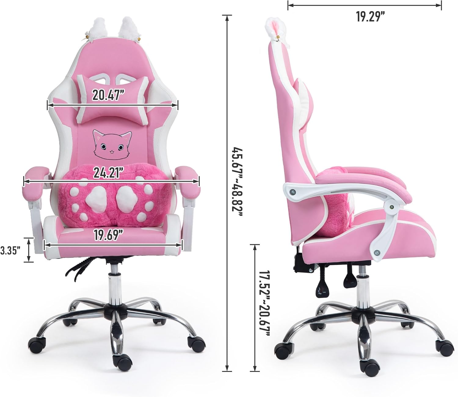 ALEAVIC Pink Gaming Chair with Cat Paw Lumbar Cushion and Cat Ears, Reclining PC Game Computer Chairs, Ergonomic Gamer Chair for Kids, Girls, Teens
