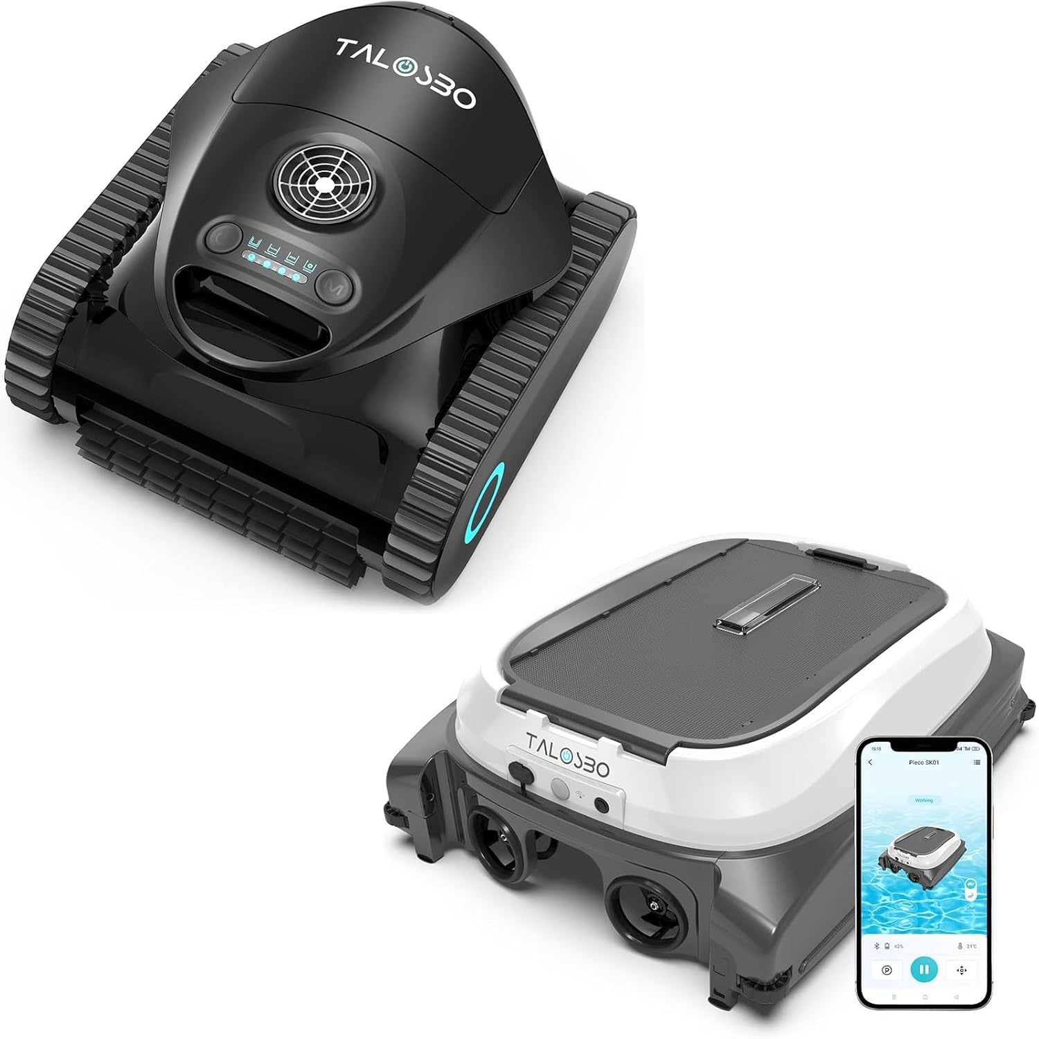 (2026 New) TALOSBO Pleco SK01 Solar Powered Robotic Pool Surface Skimmer with APP Support Black White & (2026 New) TALOSBO C1 Robotic Pool Cleaner, Ultra-Strong Suction, Wall & Waterline Cleaning