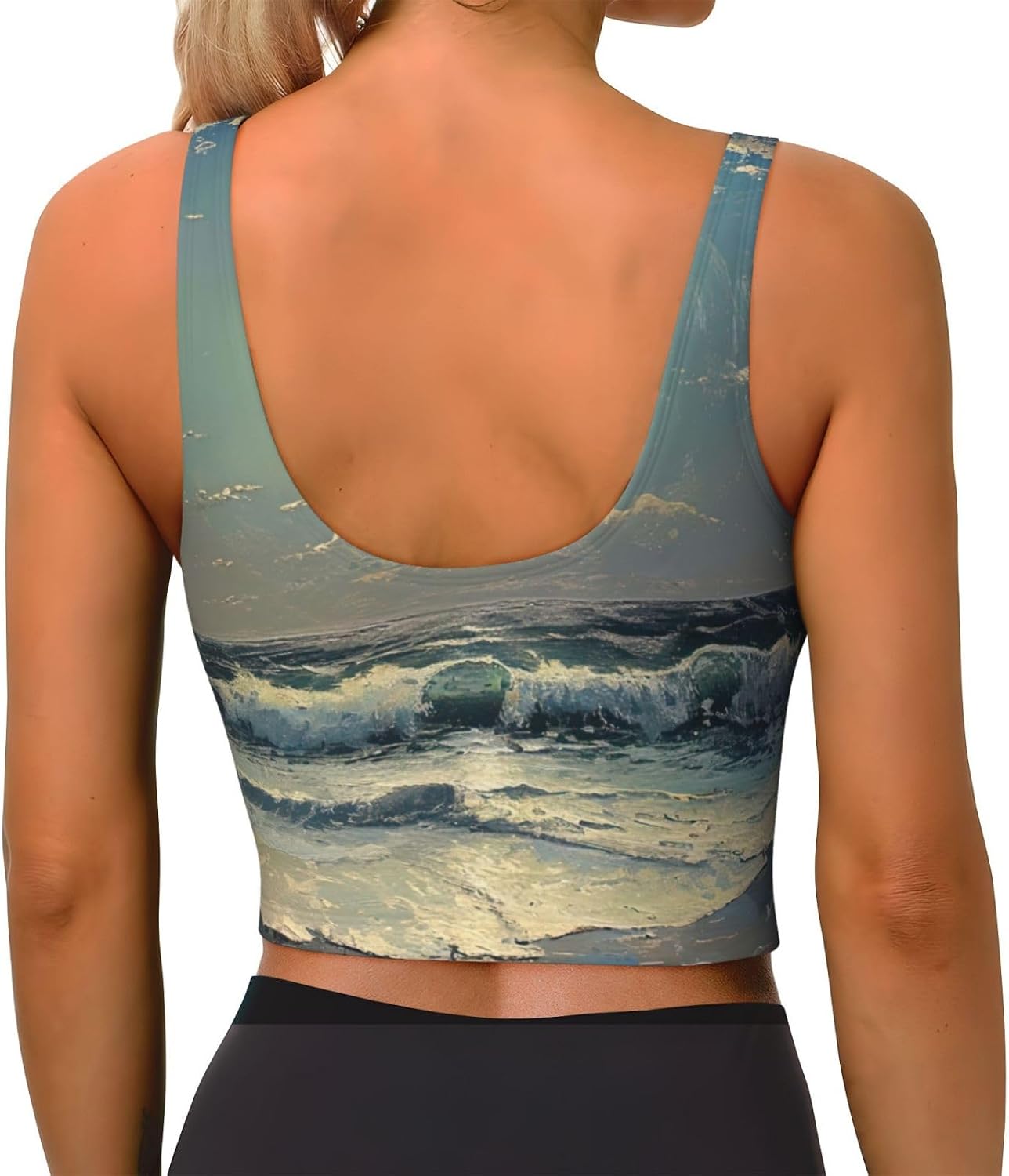 Moon and Sea Print High Impact Sports Bras,Longline Sports Bra,Perfect for Yoga,Running and Gym Workouts