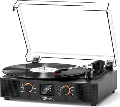 VINYLSLINK Black Vinyl Record Player, Bluetooth Turntable with Speakers