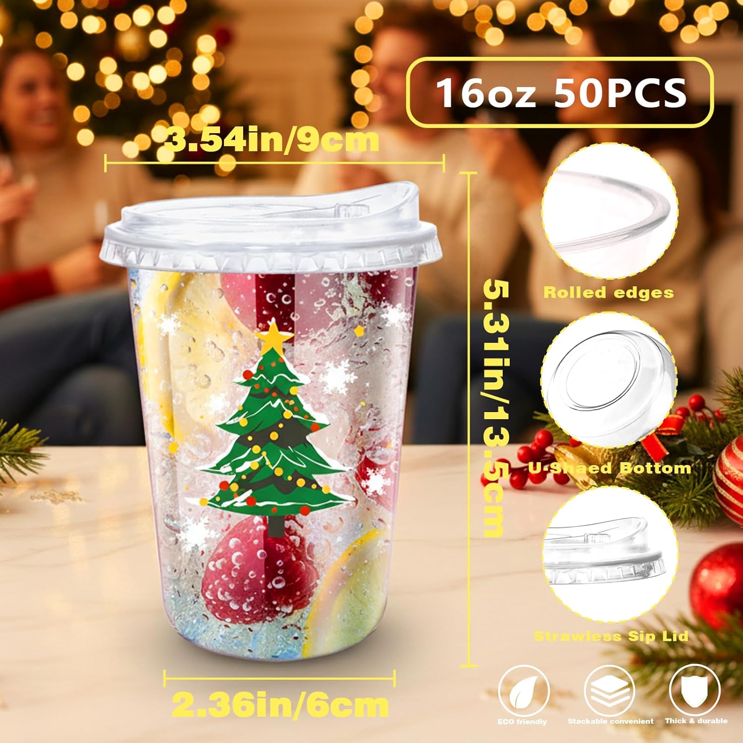 16oz Christmas Disposable Plastic Cups with Strawless Sip Lids-Xmas Tree Santa Reindeer Snow Cold Drinks, Coffee, Beer, Drinks, Ice Cream, Drinking Cups for Holiday Party Supplies. (50) - Image 2
