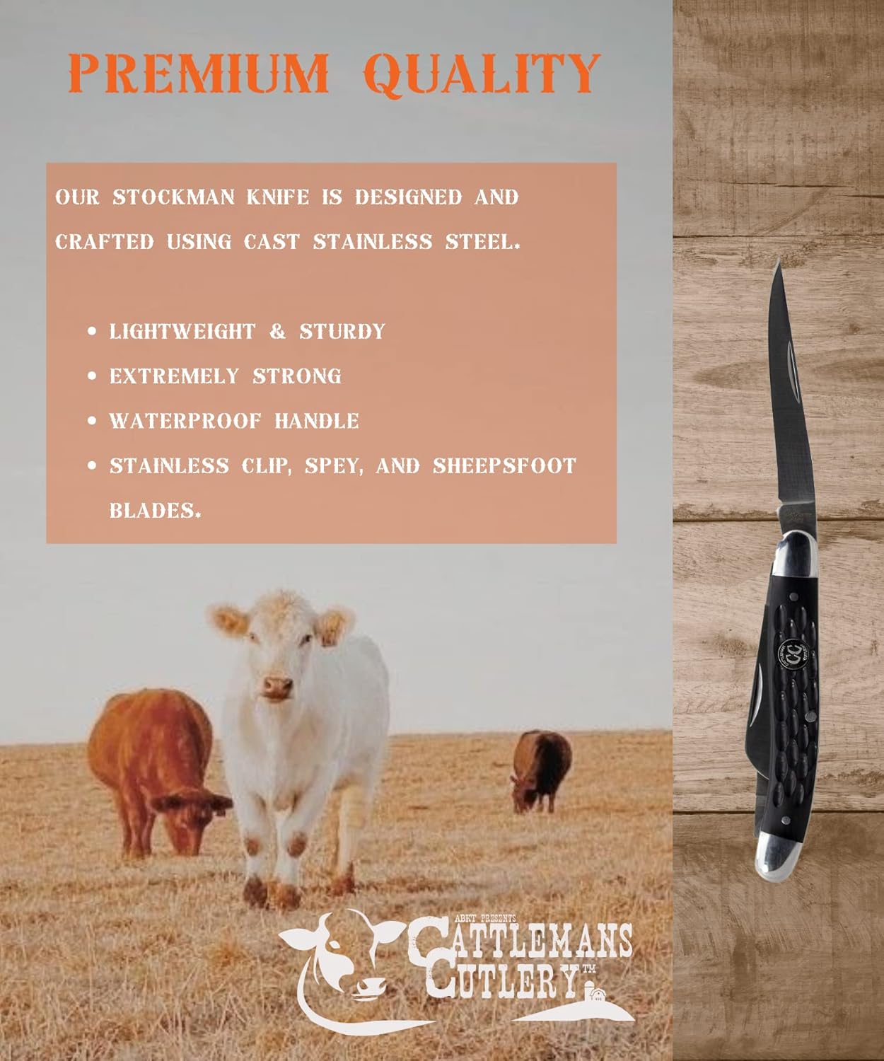 Cattleman Signature Stockman Series Black Folding Pocket Knife – 3 3CR13 Satin Finished Stainless Steel Blades in 1 Knife