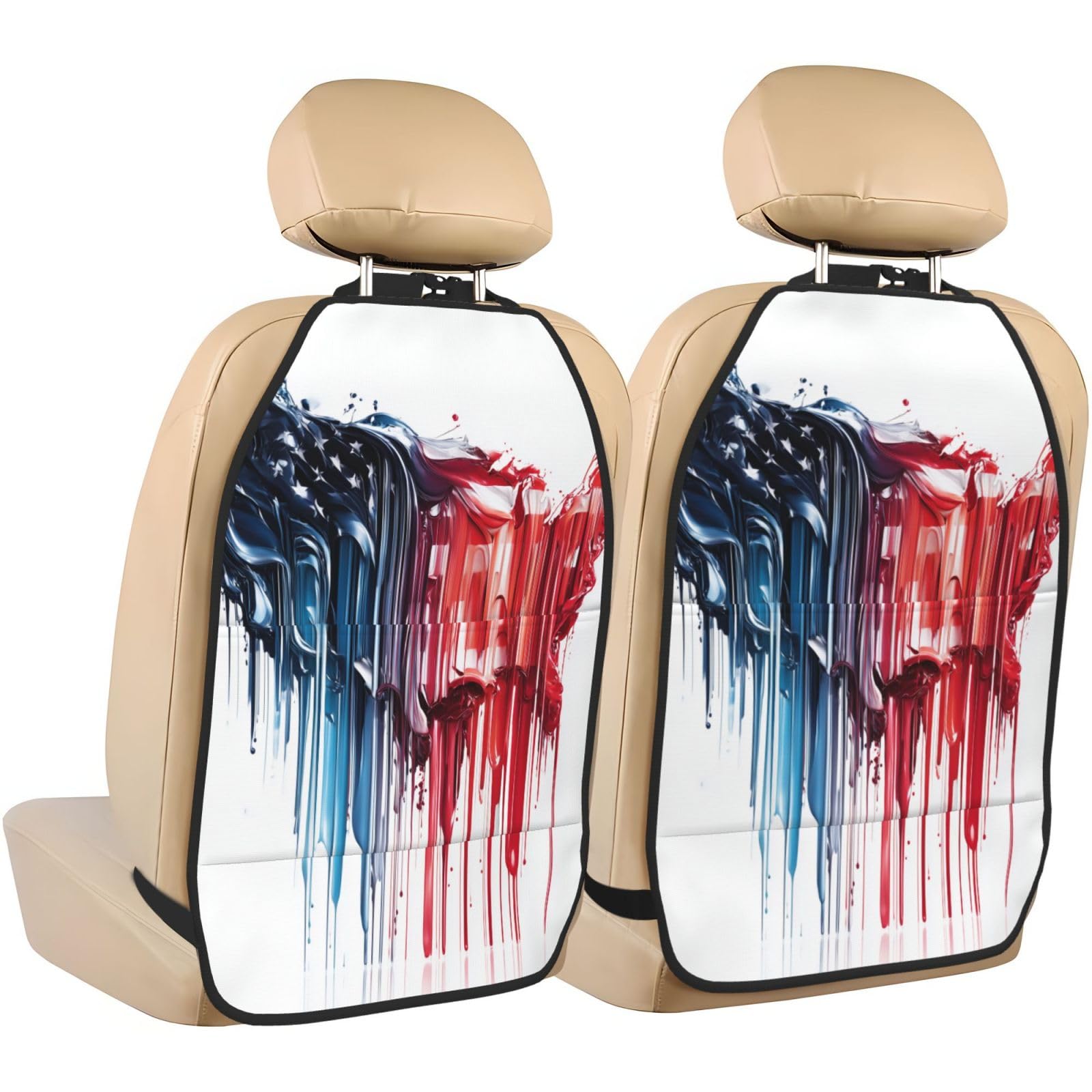 Melting American Flag United States Shape Car Seat Back Kick Protectors,2 Pack Kick Mats with Storage Pockets for Vehicles to Protect from Dirt Mud Scratches