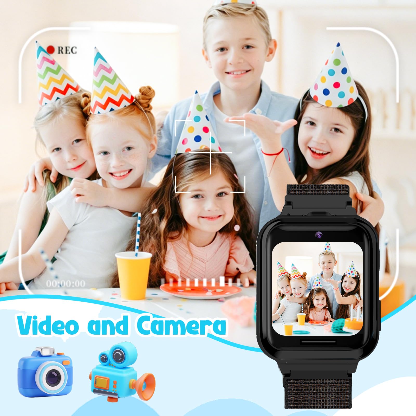 PTHTECHUS Smartwatch per Bambini, Telefono Smartwatch con Lettore Musicale Giochi SOS per Ragazzi e Ragazze Contapassi Fotocamera Orologio per Bambino 4-12 Anni Regalo, Nero