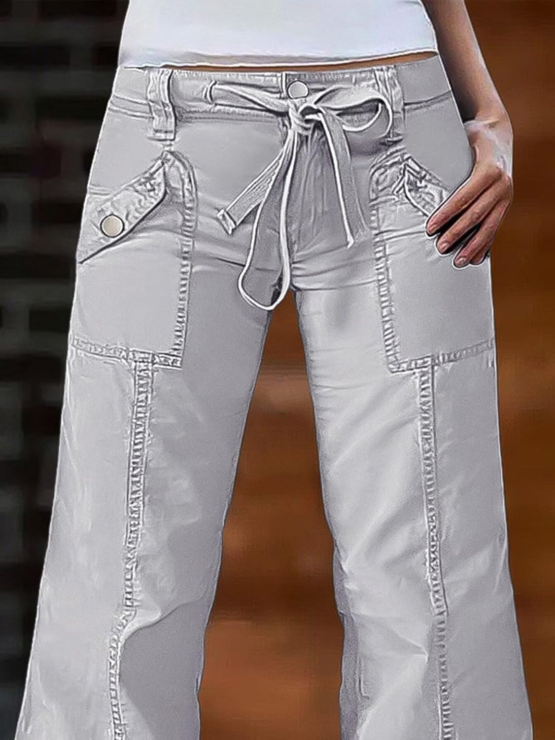 Flamingals Straight Leg Mid Waist Drawstring Solid Flap Pocket Pants for Women - Image 2