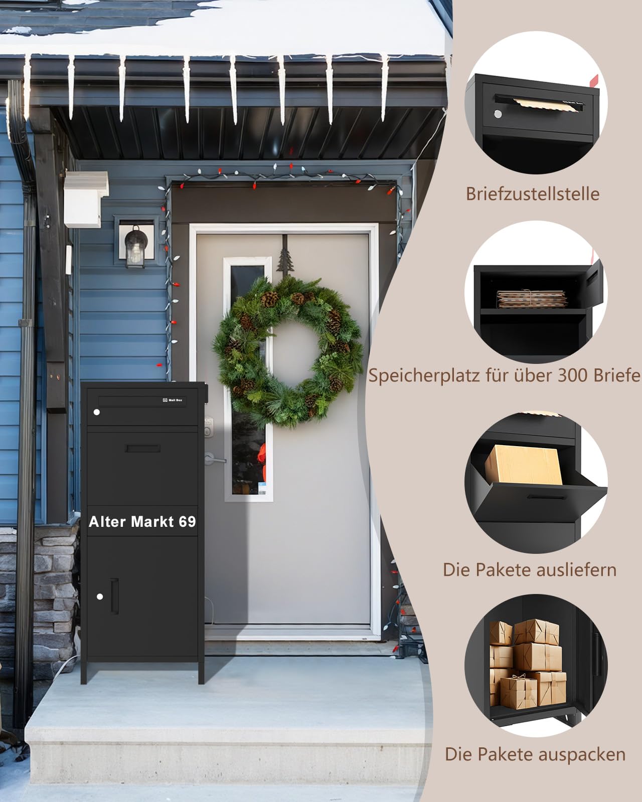 Paketbox Draussen Groß XXLh|Witterungsbeständig Großer Briefkasten mit Paketfach|Personalisierbare Adressaufkleber|Geeignet für Wohnungen, Häuser, Büros und(37 * 46 * 107.5 cm)