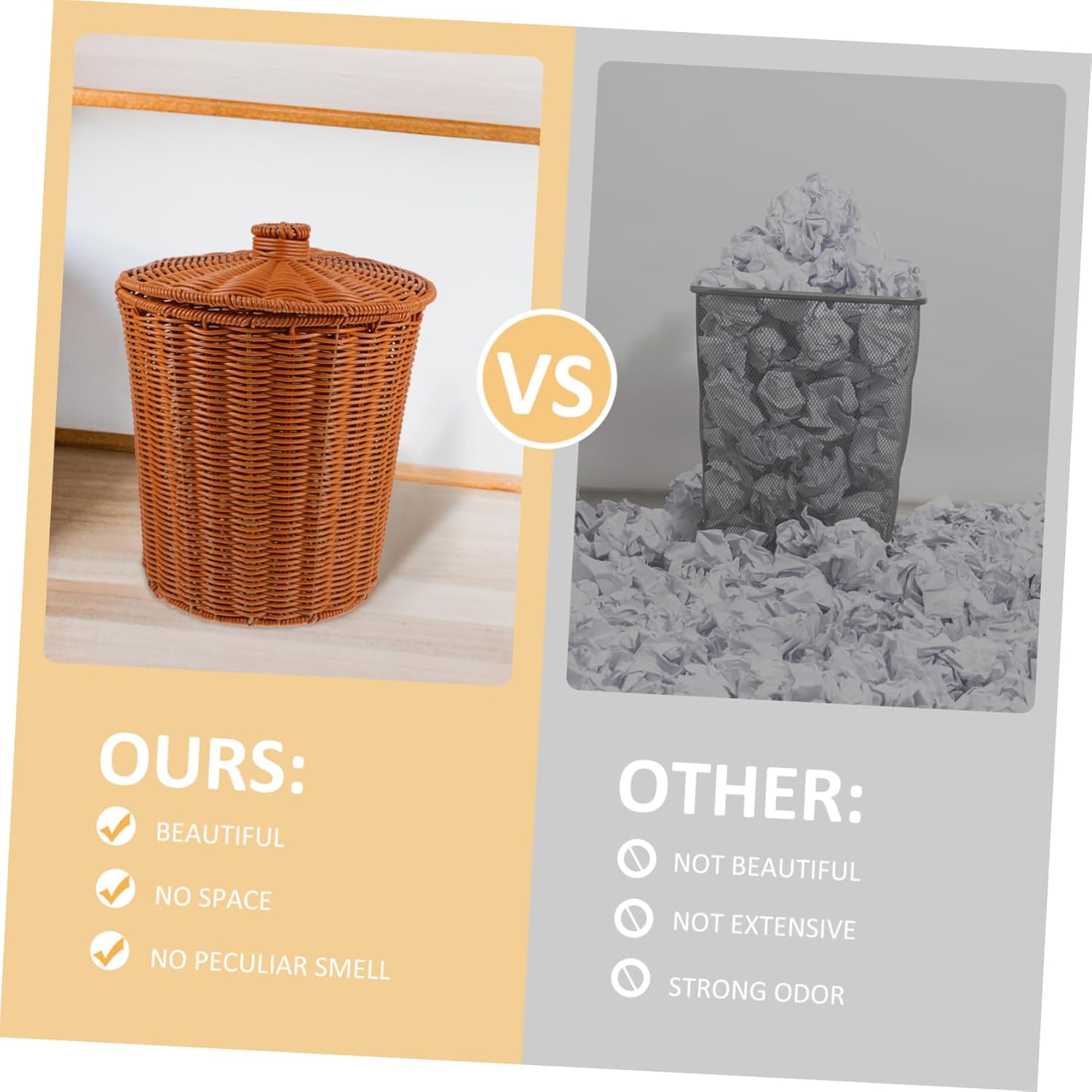 Woven Storage Basket with Lid Plastic Sundries Holder for Home Organization Lightweight Decorative Waste Basket for Living Room and Bathroom
