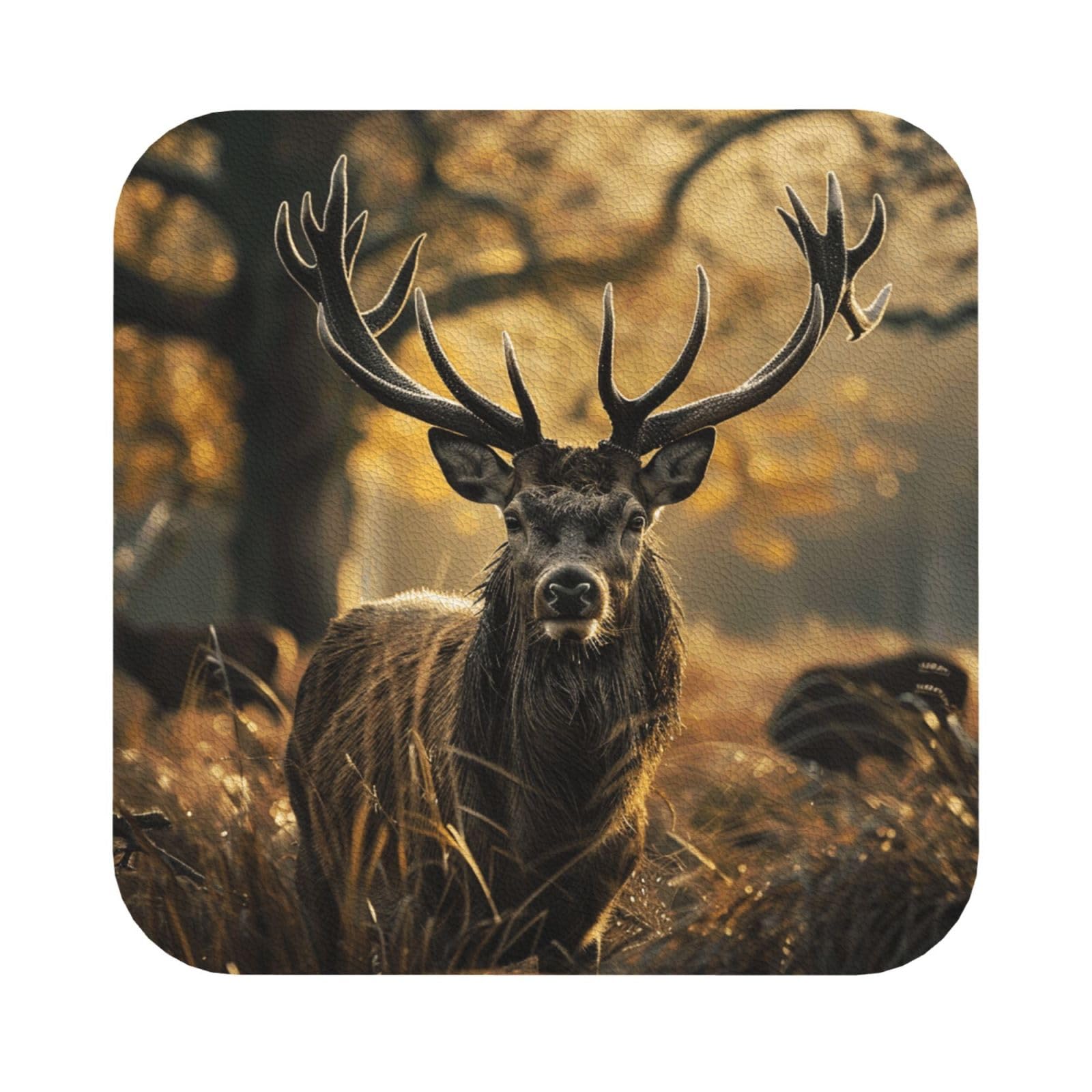 Antler Red Deer Print Leather Coaster Set of 6, Square Coasters Table Decorative Coffee Cup Beverage Coasters Wine Beer Bar Coasters for Hot Drinks Table Protection