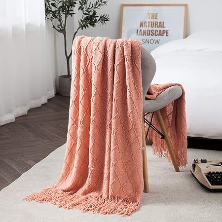 Amazon Com Bourina Coral Throw Blanket Textured Solid Soft Sofa Couch Decorative Knit Blanket 50 X 60 Coral Home Kitchen