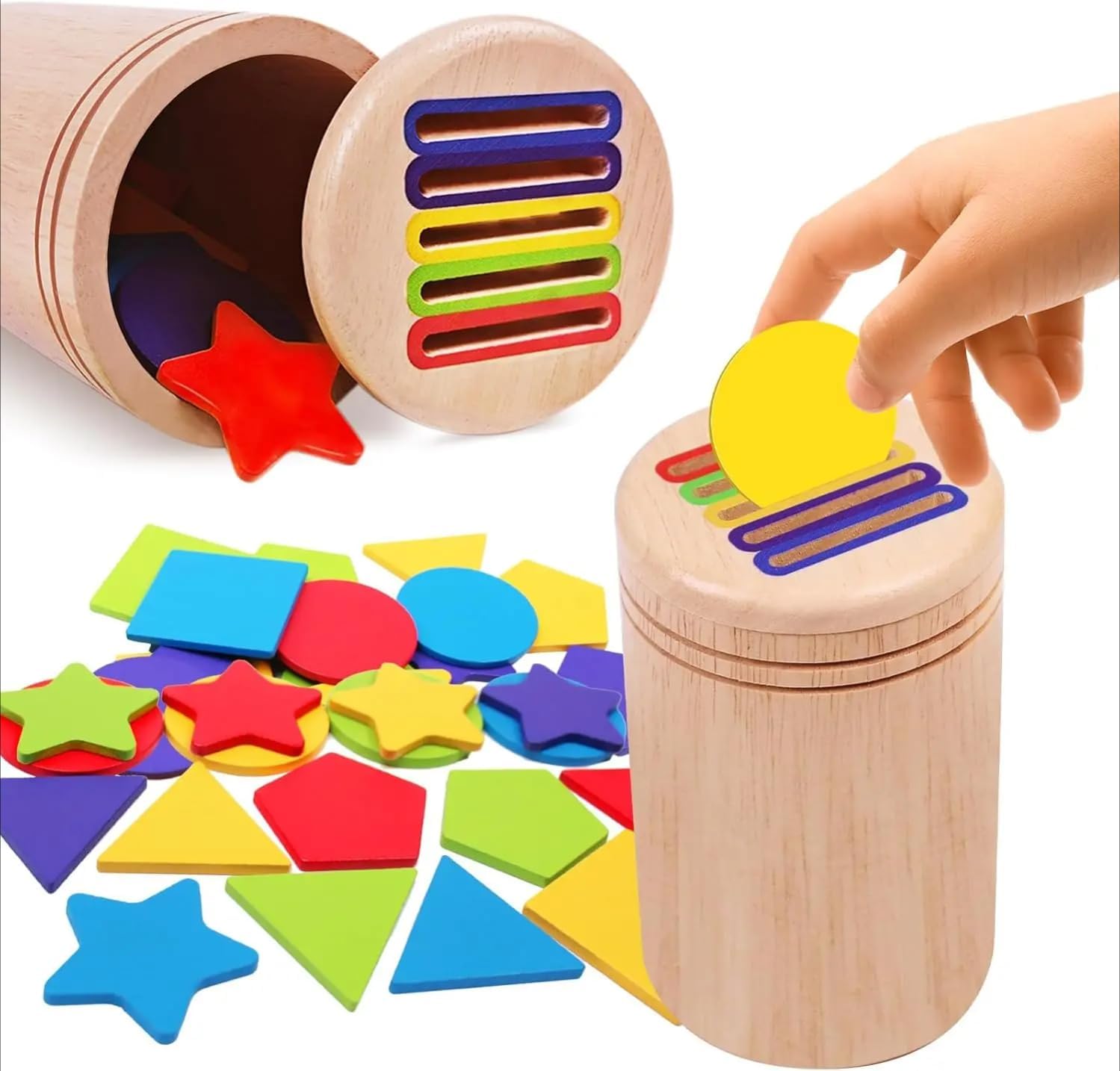 Children Montessori Color Recognition Shape Matching Classification Bucket Teaching Aids Toddler Wooden Learning Coin&Color Sorting Toys Sensory Matching Game for Boys Girls Gifts (Yellow)