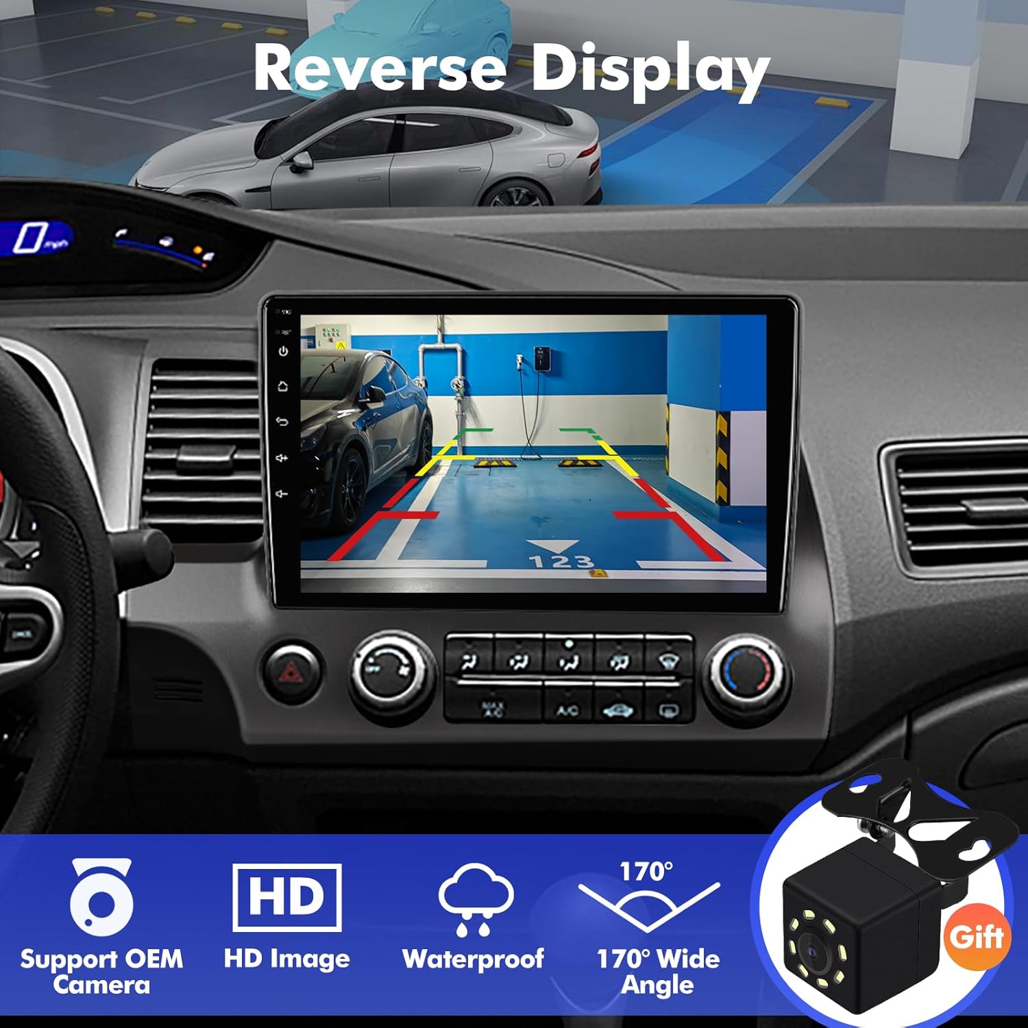 The car stereo display showing a reverse camera view with parking guidelines, indicating support for OEM cameras, HD image quality, waterproof design, and a 170-degree wide angle.