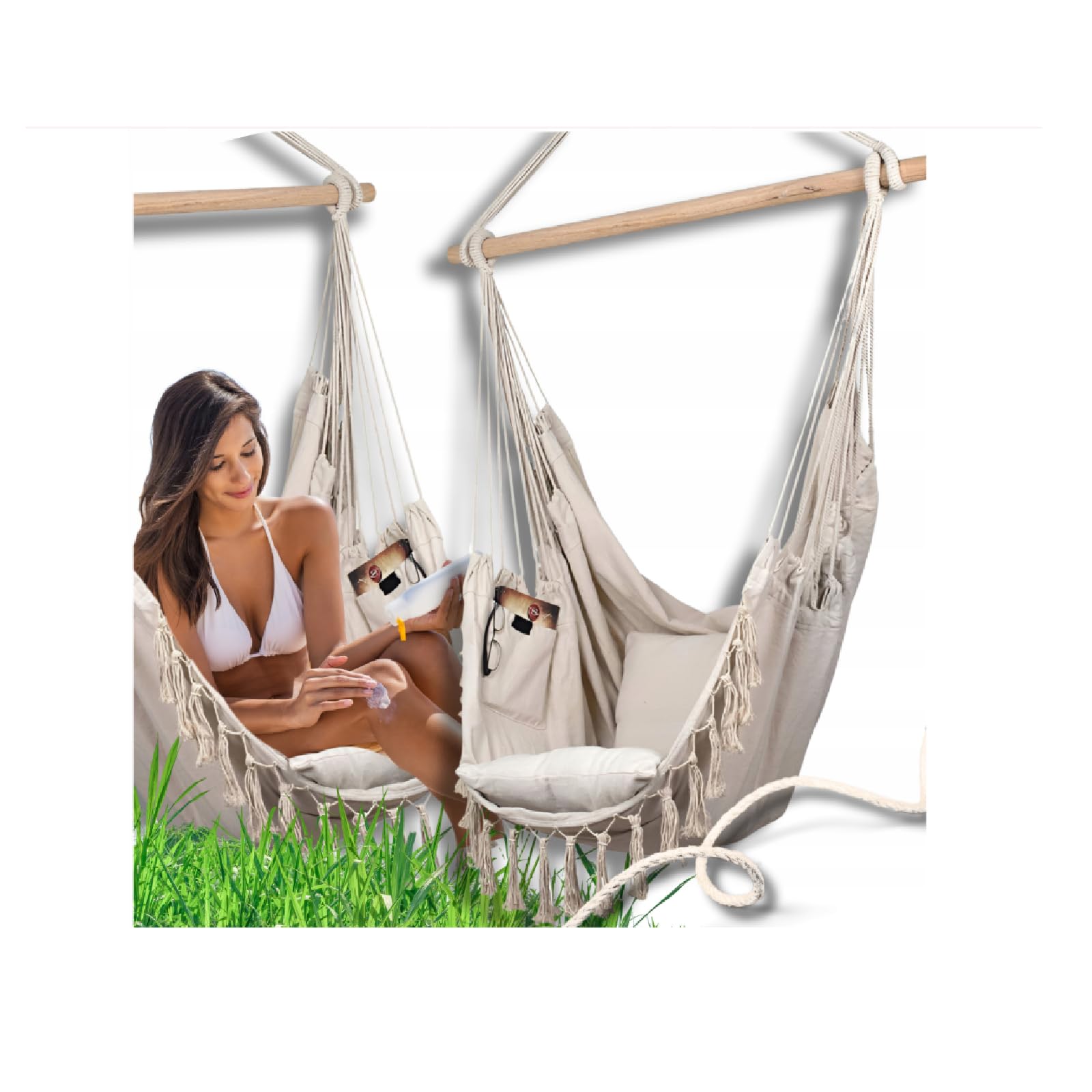 QLS Fotel wiszący boho 130x100 cm z 2 poduszkami 200 kg beż