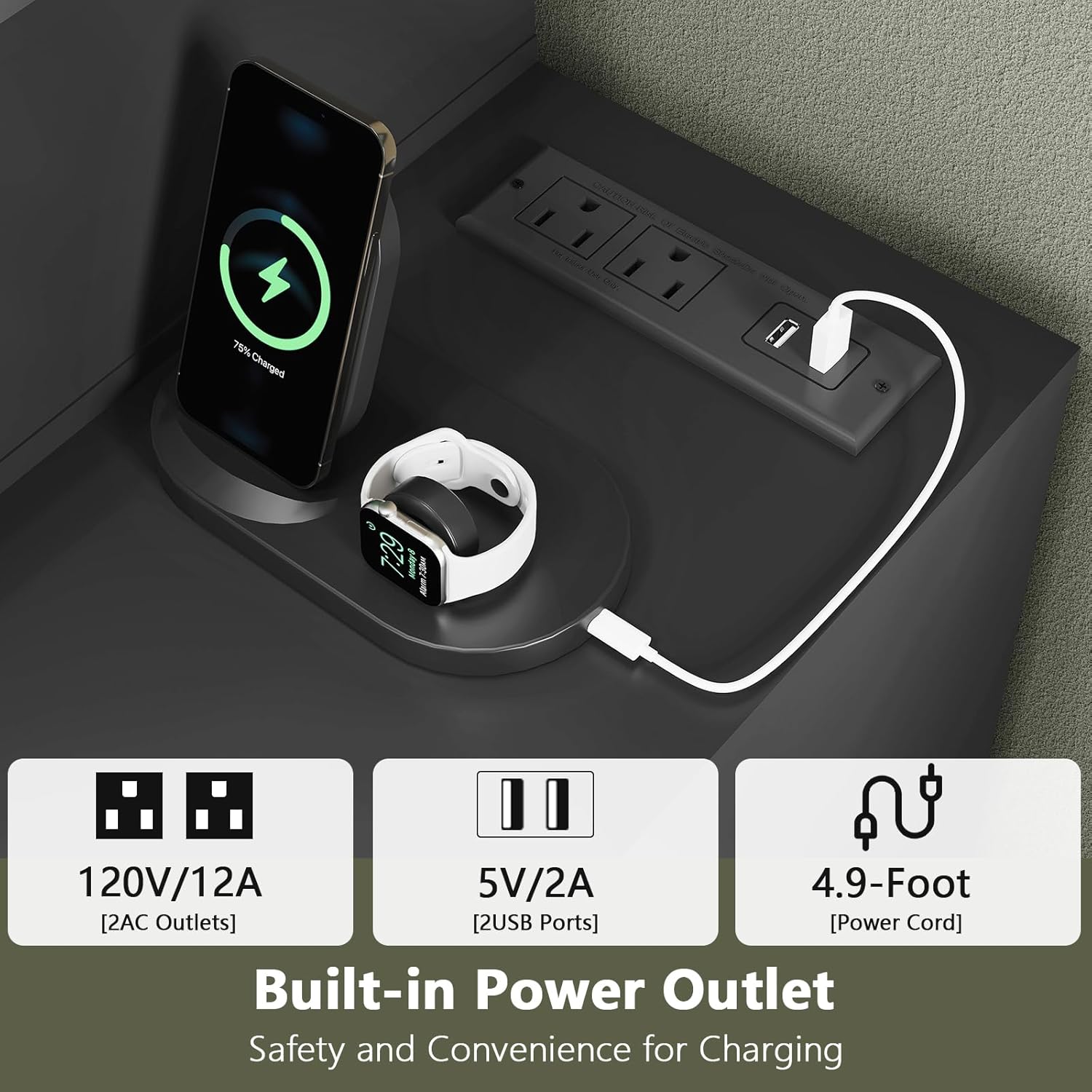 Close-up of the vanity desk's built-in power outlet, showing two AC outlets and two USB ports, with a phone and smartwatch charging.