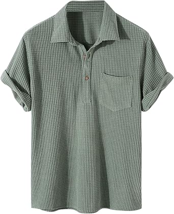 Mens Waffle Knit Short Sleeve Polo Shirts Button Up Loose Fit Casual Summer Tops Solid Color Woven Beach T Shirts Pocket Green