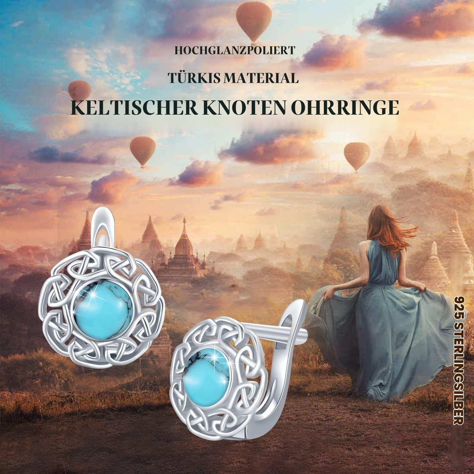 Mondstein/Türkis Creolen Ohrringe für Damen 925 Sterling Silber Türkis Keltischer Ohrringe Keltischer Knoten Ohrring Hypoallergen Valentinstag für Frauen Mädchen Kinder