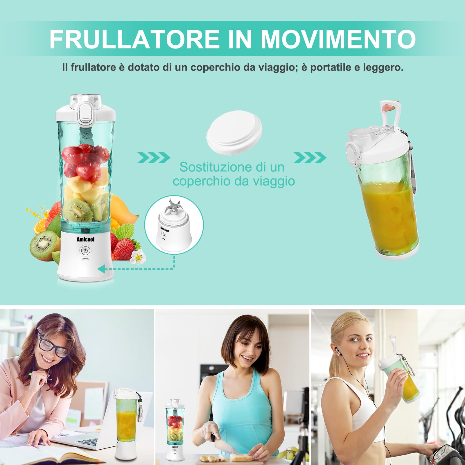 Mini Frullatore Portatile Elettrico, 270W 600ml Mixer Cucina 6 Lame Inox, USB Frullatore Piccolo Tritatutto da Cucina, Frullatore Smoothie Maker Estrattore Frutta Verdura Sbattitore Elettrico