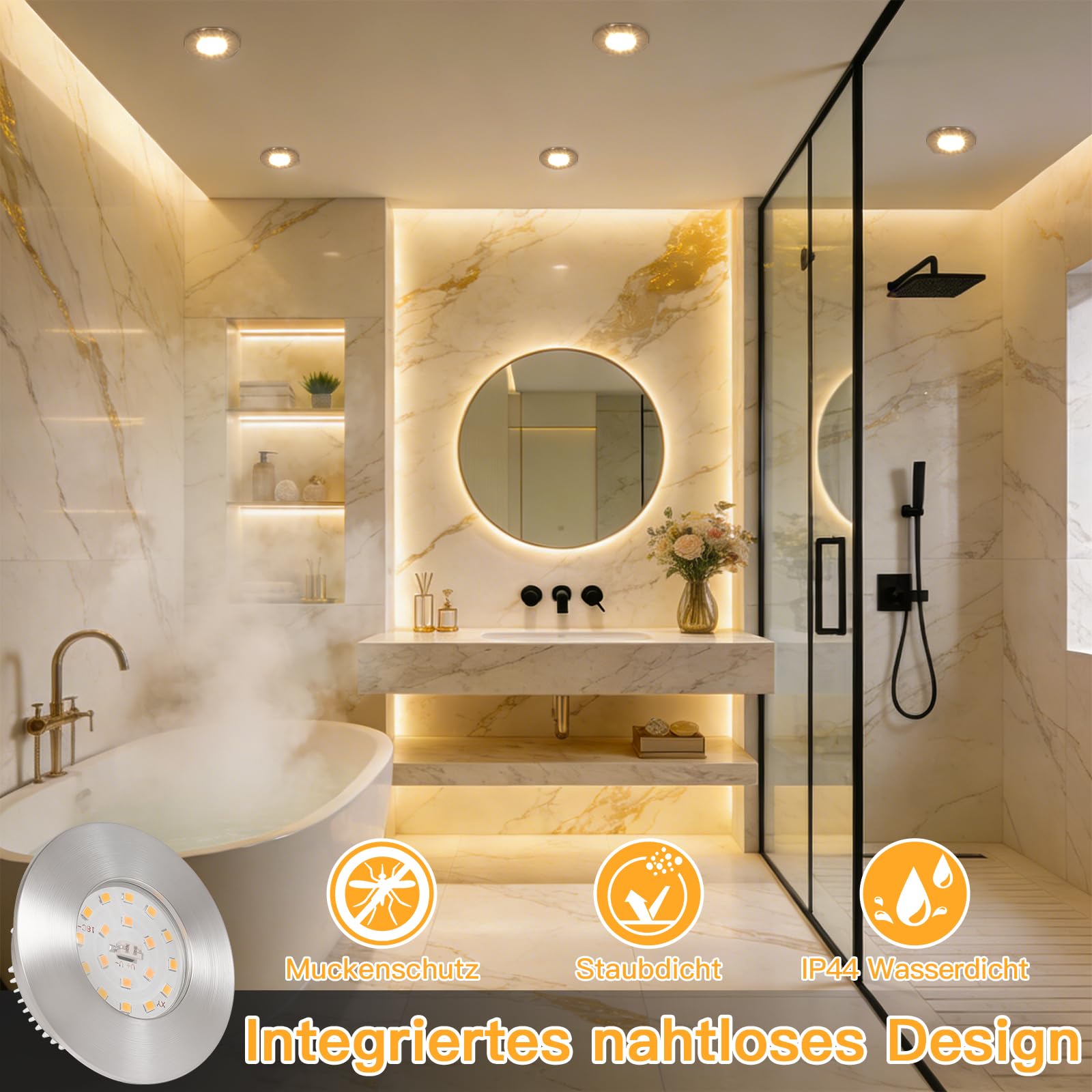 LED Einbaustrahler 230V 60-65mm Ultra Flach 6W IP44 LED Einbauleuchten Deckenspots 3000K Warmweiß, LED Spots Badezimmer Matt Nickel 6er Set, für Badezimmer Küche Wohnzimmer