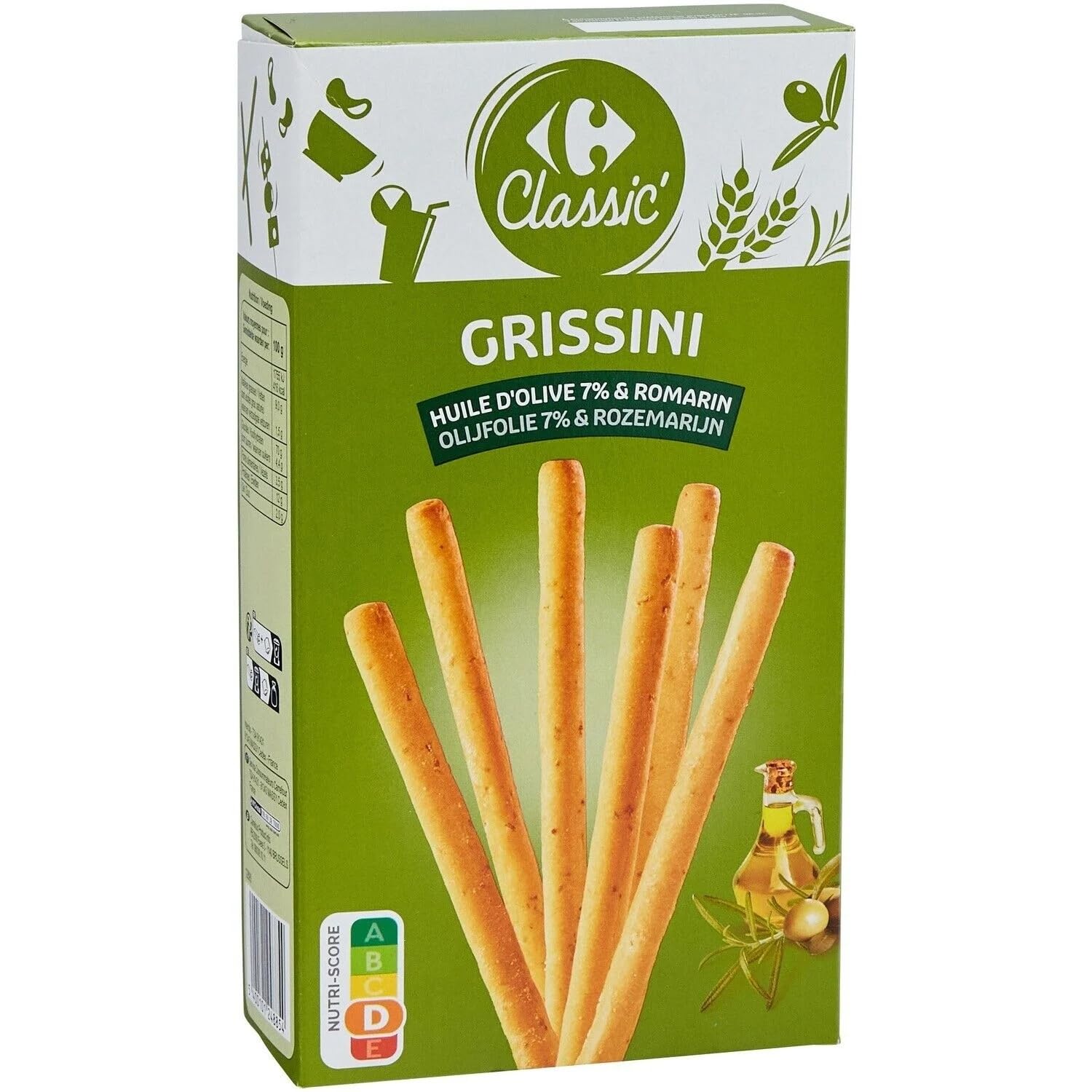 CARREFOUR CLASSIC' - Gressins à l'Huile d'Olive Vierge Extra et Romarin - la boite de 125g - Le Lot De 4