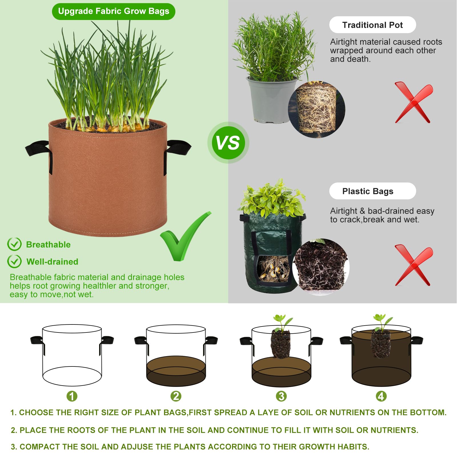 Lot de 6 sacs de culture de 37 litres en tissu multicolore avec longues poignées pour jardin, légumes, fleurs, créer un jardin coloré