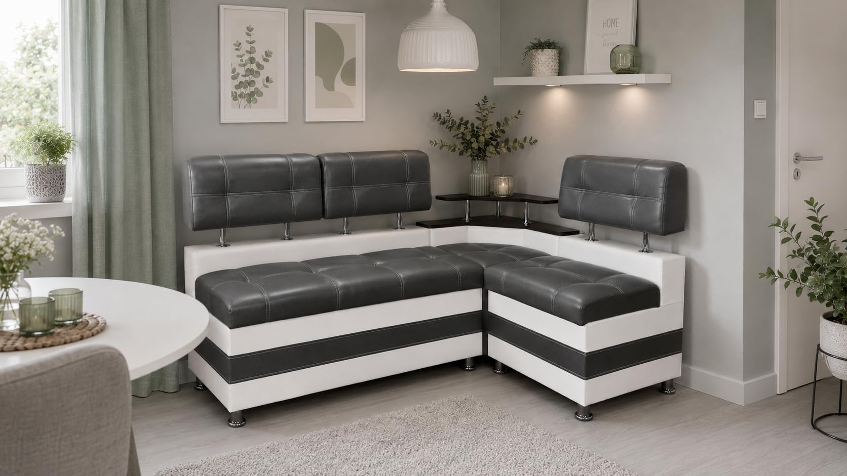 Rodnik Eckbank Latte – Gepolsterte Sitzbank mit Stauraum und Ablage, modernes Design für Küche und Esszimmer