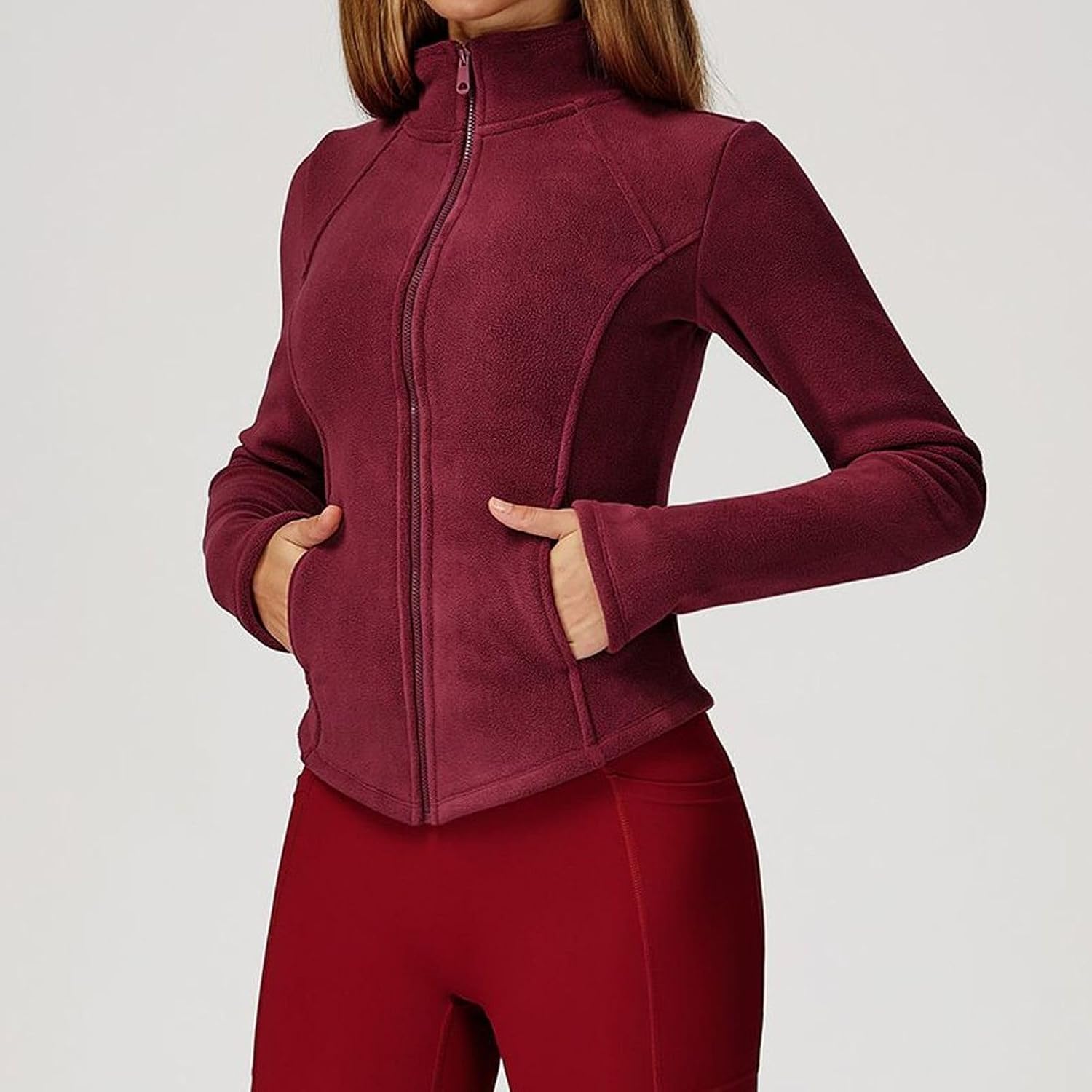 Womens Fleece Jackets Zip Up Long Sleeve workout Jacket Slim Fit Warm Cropped Athletic Running Tops with Pockets