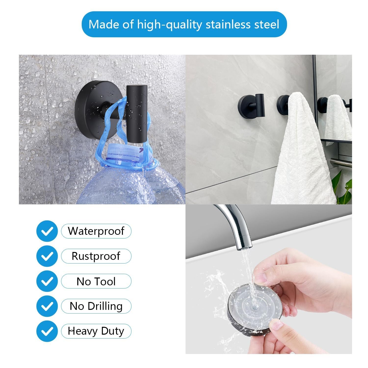 Ganchos con ventosa para baño, de acero inoxidable, extraíbles y reutilizables, para colgar toallas, abrigos, albornoces, no necesita taladrar, no daña las paredes, color negro, 2 unidades
