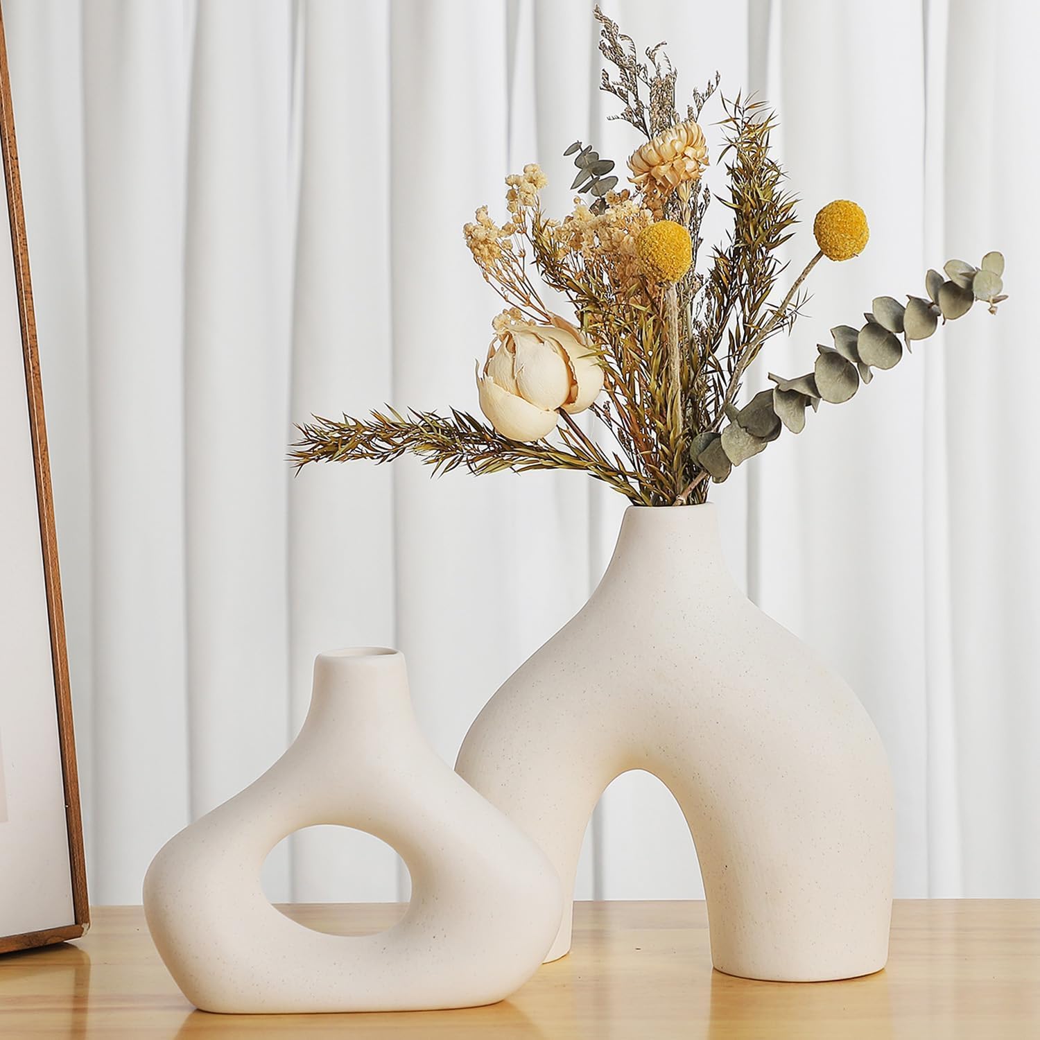 Fohome White Ceramic Vases Set of 2,Modern Round Matte Donut Design for Pampas Grass and Flowers,Ideal for Minimalist, Boho, and Modern Home Decor,Dinner Table Shelf Decor,Coffee Table Vases for Decor