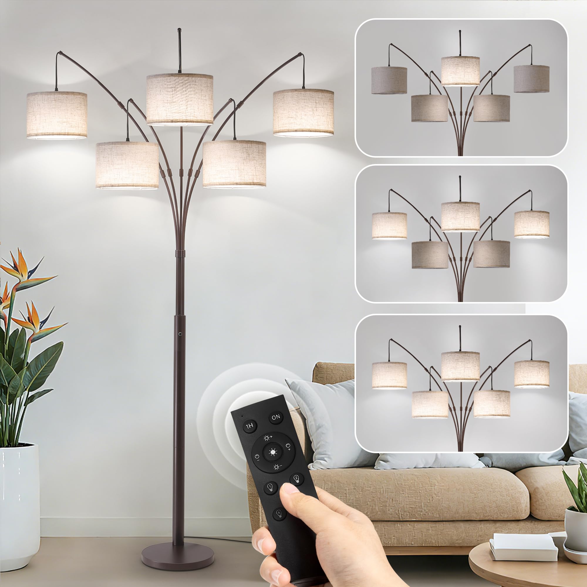 Dimmable Floor Lamp - Arc Floor Lamps for Living Room, 4000LM Super Bright Modern Tall Standing Lamp with Black Shades &amp; Heavy Base, Mid Century Tree Floor Lamp for Bedroom Office