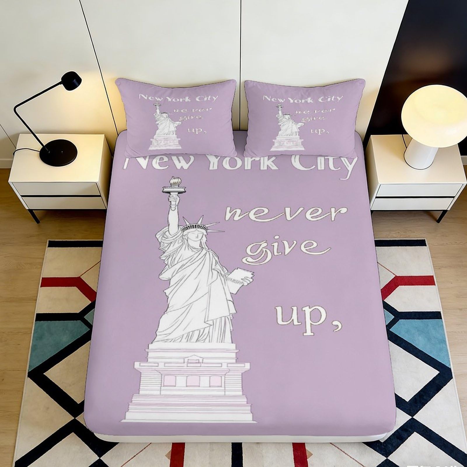3D Printed Statue of Liberty Fitted Sheet Microfiber Purple Bed Cover for Bedroom Dorm Mattress Decor Easy Clean Non Slip 90x200x25cm