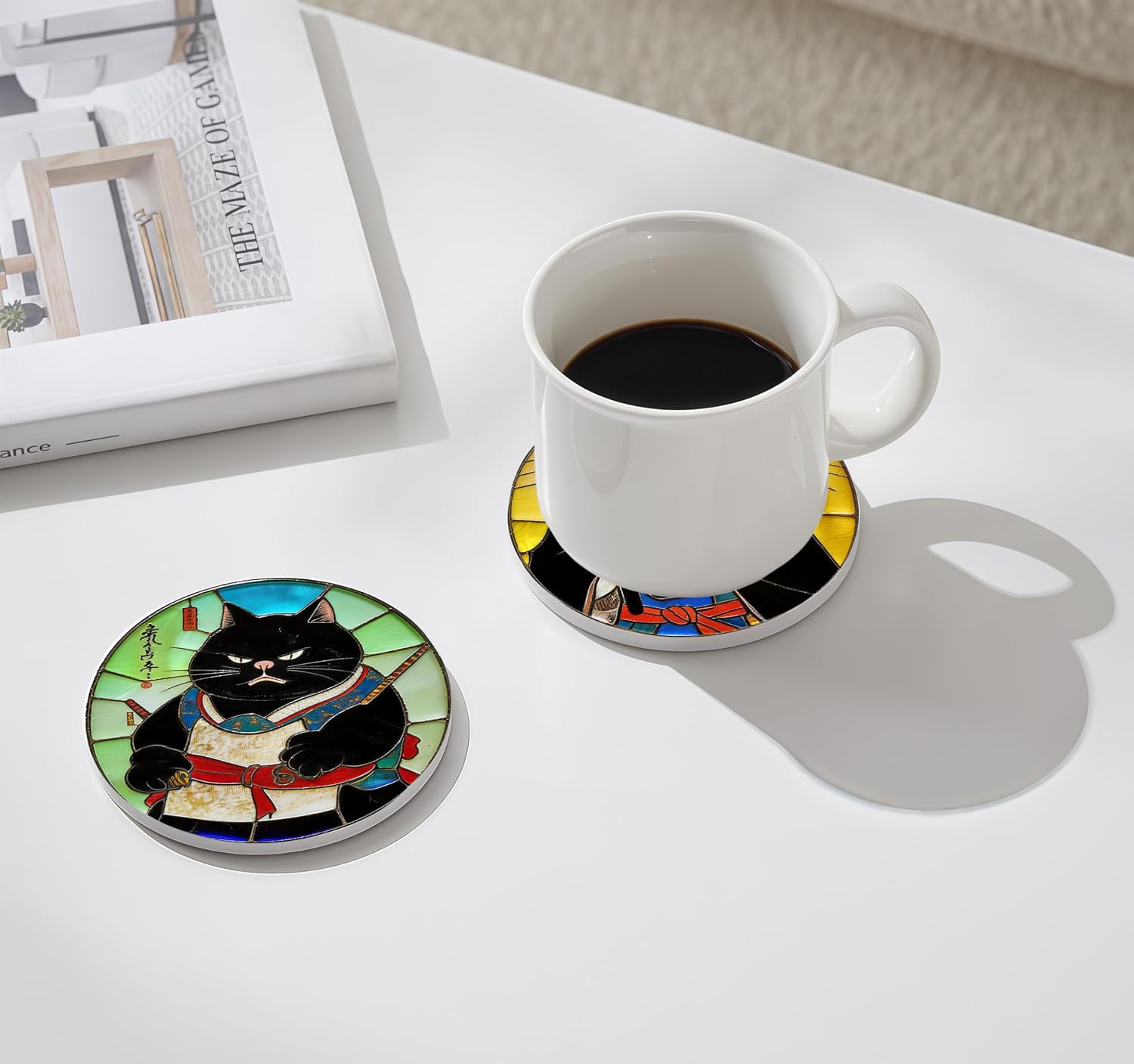 Nikyi 6 Pcs Cat Ceramic Absorbent Coasters, Round Drink Coaster with Metal Holder and Cork Base, for Coffee Table Kitchen Bedroom Living Office Desk Home Decor or Funny Gifts image 2