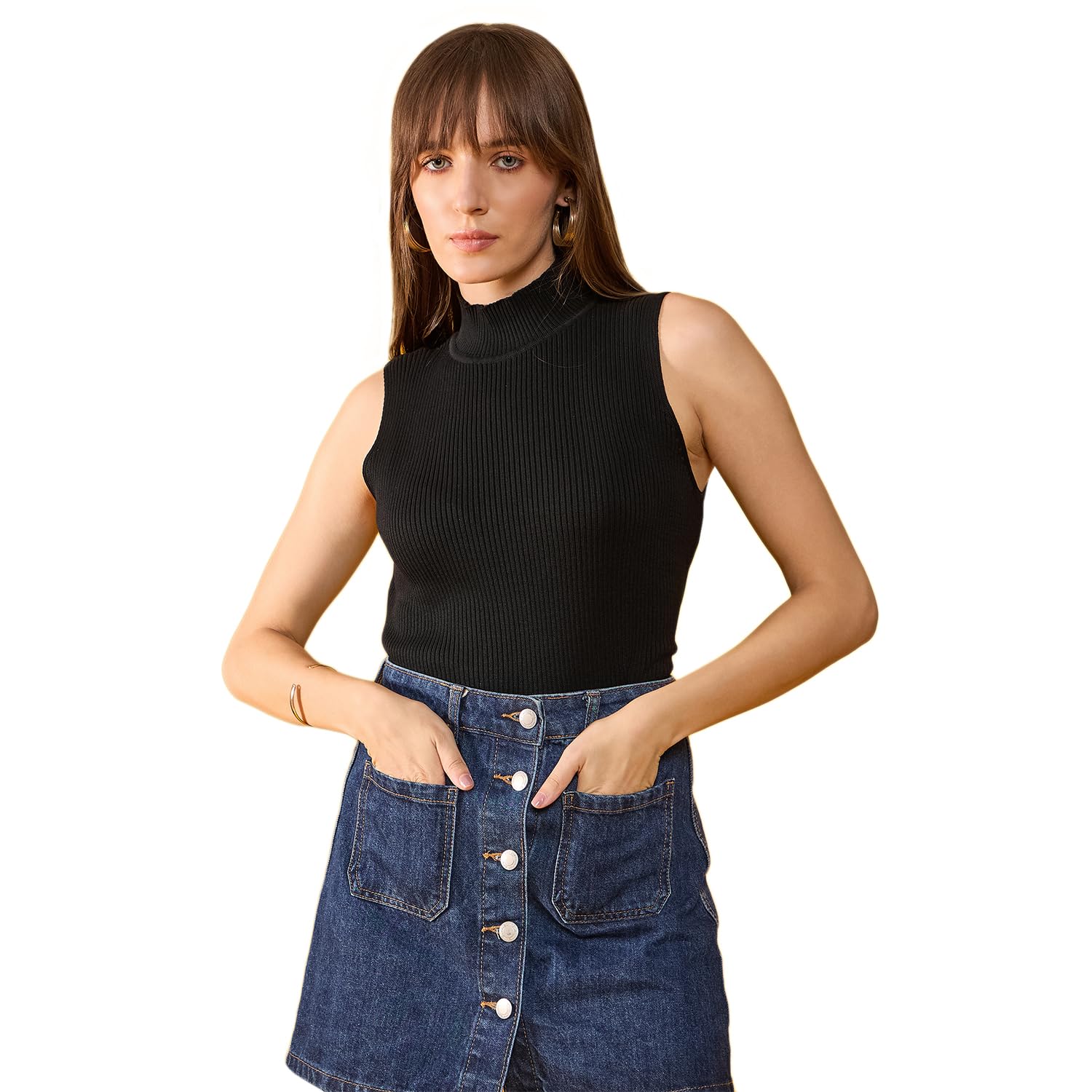 98 north 98 Degree Women Pure Cotton Turtle Neck Sweater Has A Sleeveless & Straight Hem-AW25AZG1124-BLACK-picture-19