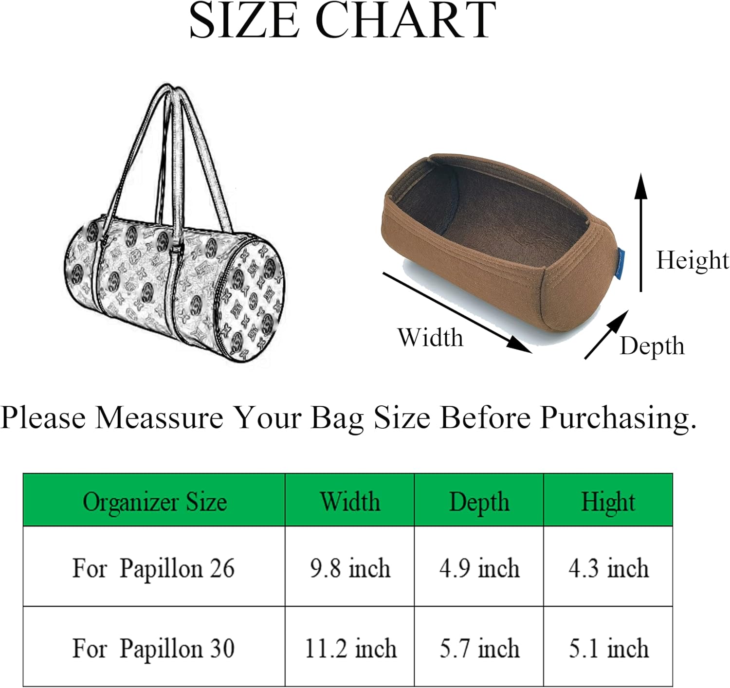 Papillon 30 organizer,Papillon 30 insert,Purse insert organizer.(Brown-Papillon 30)