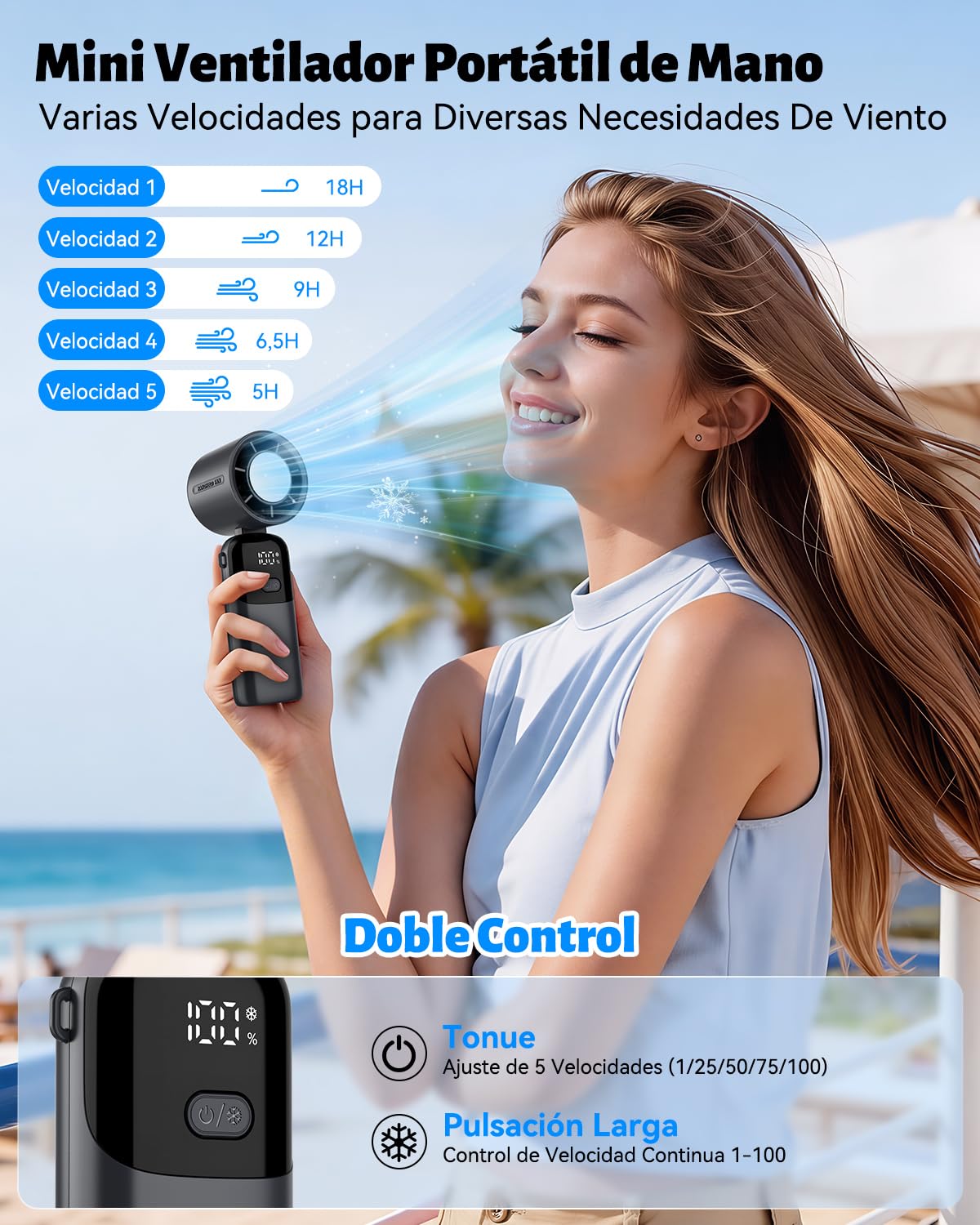 Ventilador Portatil de Mano Recargable USB, 100 Velocidades, Plegable con Pantalla LED, Turbo Ventilador Pequeño de Bolsillo, Funciona con Pilas, para Hogar, Oficina, Dormitorio, Viajes al Aire Libre