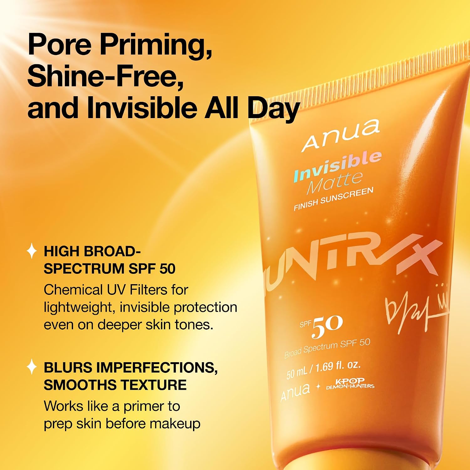 Anua Invisible Matte Finish Sunscreen, Broad Spectrum SPF50, Clear Gel, Non Comedogenic UV Filters, All Skin Types, Lightweight Poreless Primer, Kpop Demon Hunters, Korean Skincare, 1.69 fl. oz