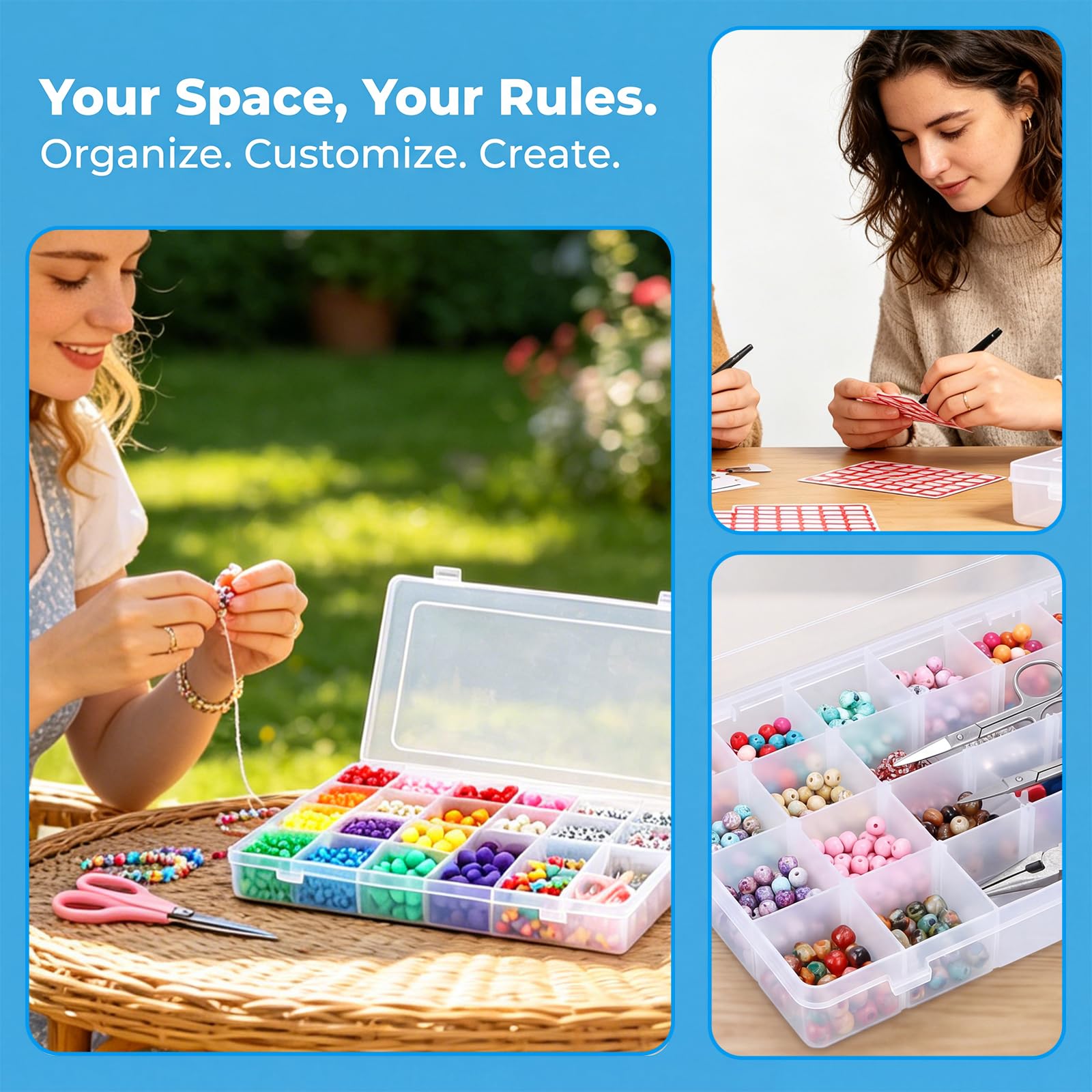Confezione da 4 scatole organizer per perline in plastica trasparente con divisori regolabili, contenitore per perline con etichette, scatola per bottoni, organizer per artigianato