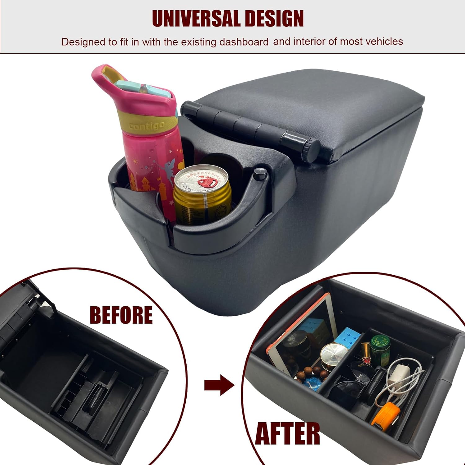 Universal Truck Seat/Bench Contractor Center Console Business Organizer and Storage with Adjustable Cup Holders, Clip Board, and Padded Top Lid for Armrest 124809 Black