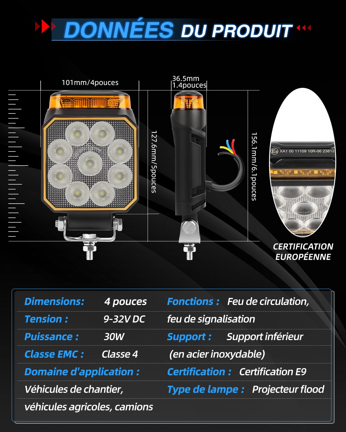 BraveWAY Phare De Travail Led 12/24V 4 Pouces 30 W 6000LM Avec Fonction D'Avertissement, Lumière Diffuse + Lampe D'Avertissement, Pour Engins De Chantier, Camions, Pelleteuses, Tracteurs