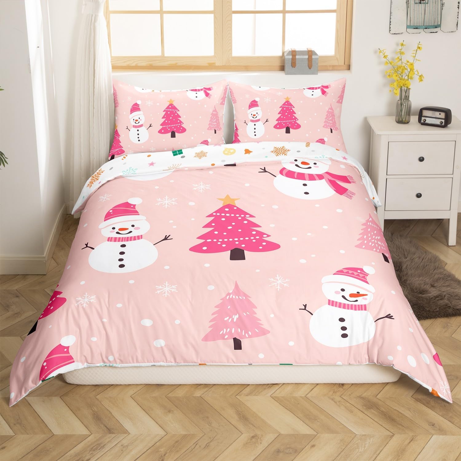 Erosebridal Cartoon Snowman Duvet Cover King,Girls Christmas Bedding Set for Happy New Year,Pink Christmas Tree Bed Sets,Xmas Snowflake Reversible Quilt Cover 3pcs Soft,no Comforter